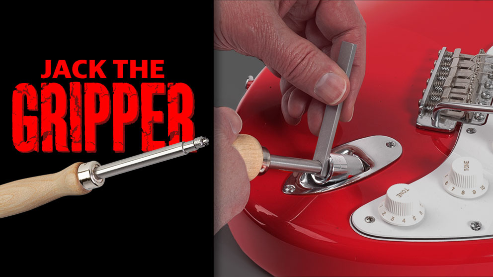 Jack the Gripper tool holds the guitar jack steady while tightening the nut without disassembling the guitar or amp.