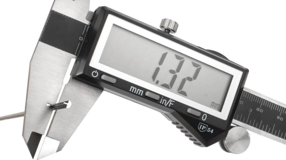 Luthier's digital caliper tool measuring fretwire.