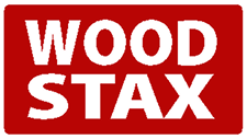 WoodStax texto con logotipo que lee WoodStax en letras mayúsculas en negrita como gráfico de la marca para el programa de madera tonal y los materiales de construcción de guitarra de StewMac