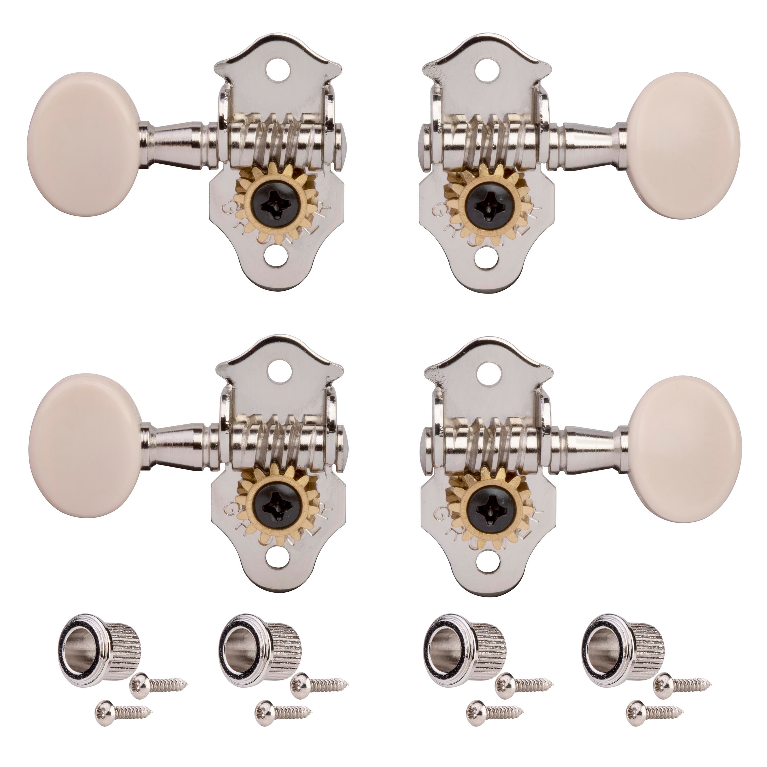 Grover Ukulele Tuning Machines, Nickel with white knobs, set of 4 Grover Ukulele Tuning Machines, Nickel with white knobs, set of 4