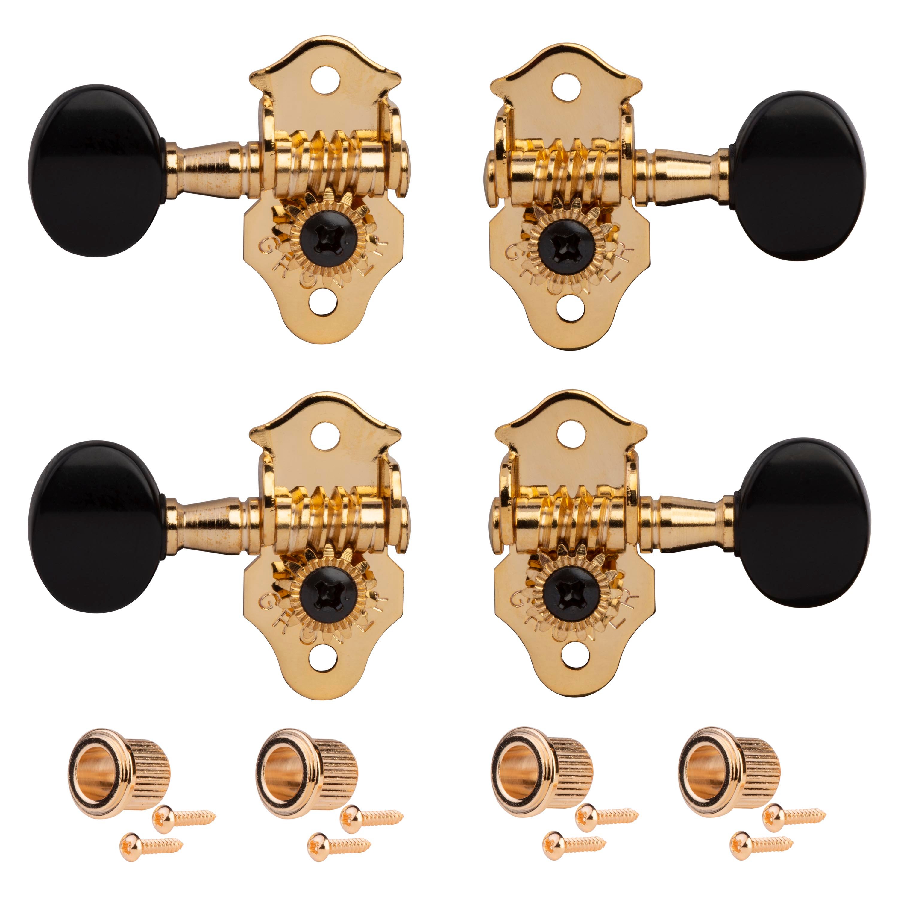 Grover Ukulele Tuning Machines, Gold with black knobs, set of 4 Grover Ukulele Tuning Machines, Gold with black knobs, set of 4