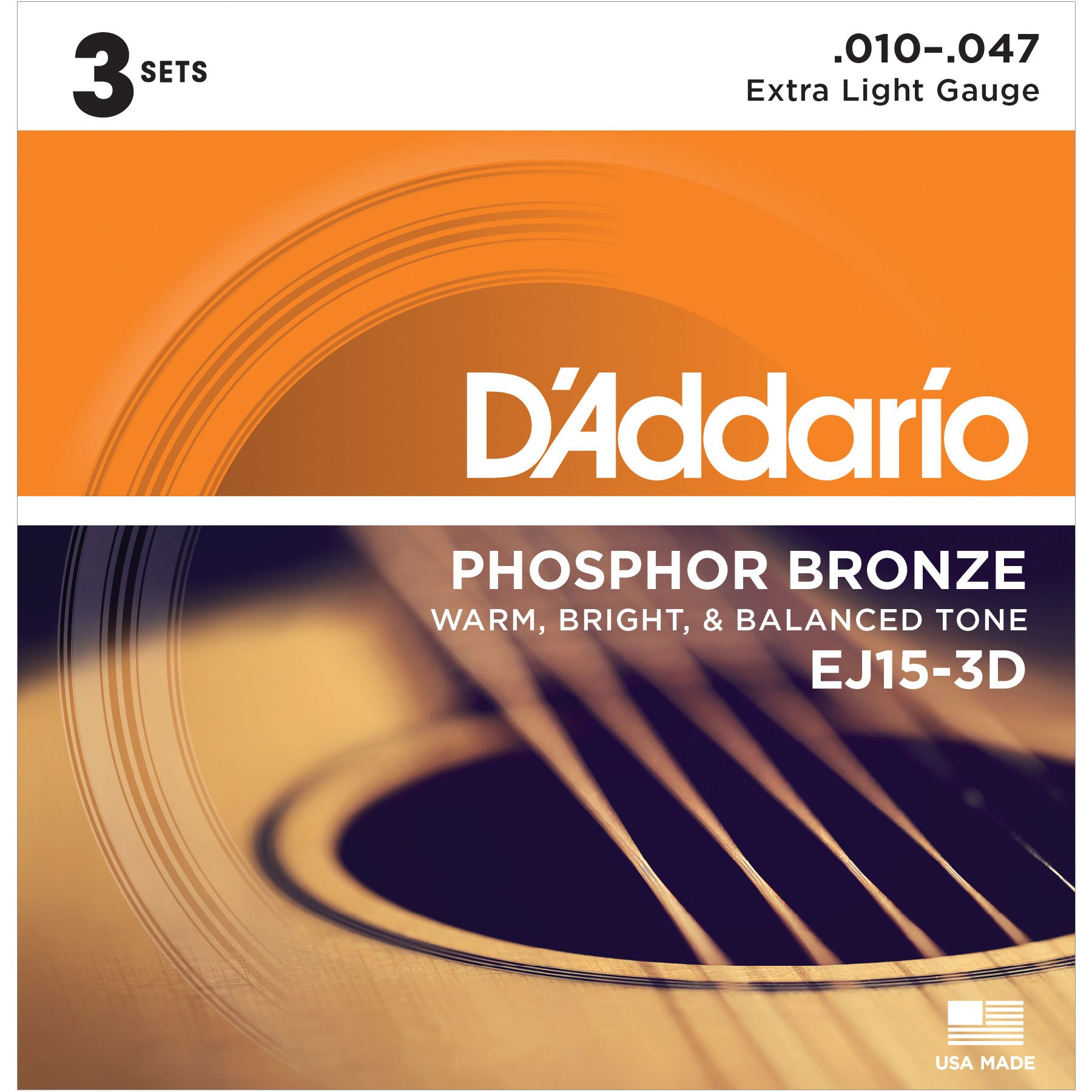 D'Addario Phosphor Bronze Wound Acoustic Guitar Strings, 3-pack