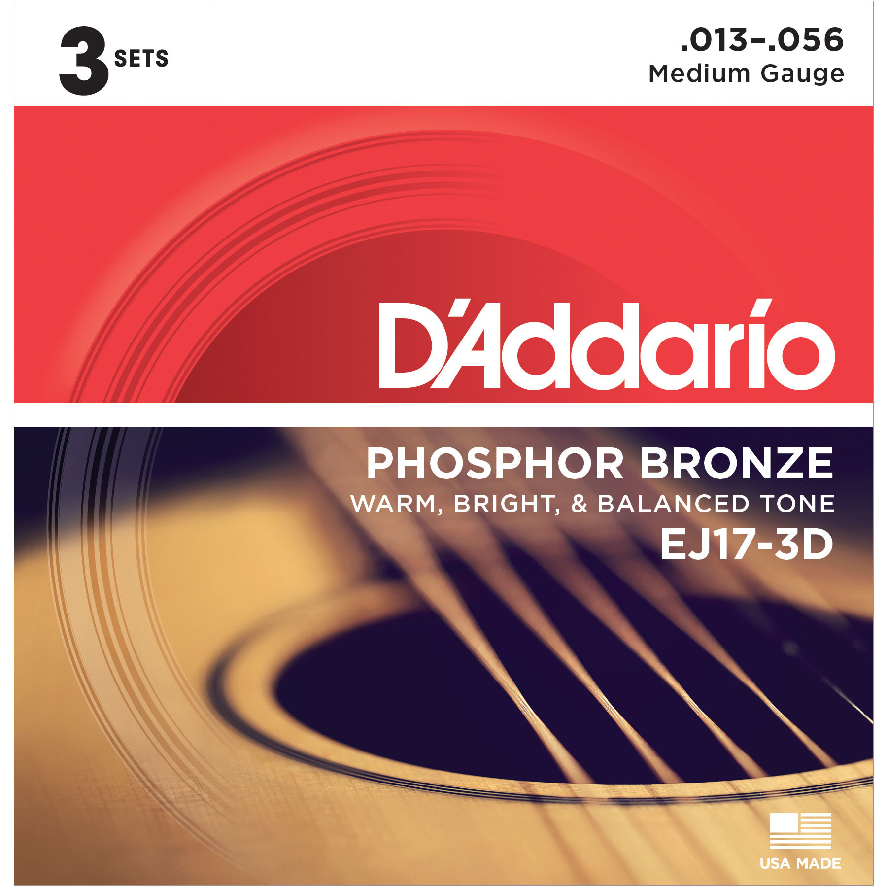 D'Addario Phosphor Bronze Wound Acoustic Guitar Strings, 3-pack, Medium (EJ17-3D) D'Addario Phosphor Bronze Wound Acoustic Guitar Strings, 3-pack, Medium (EJ17-3D)