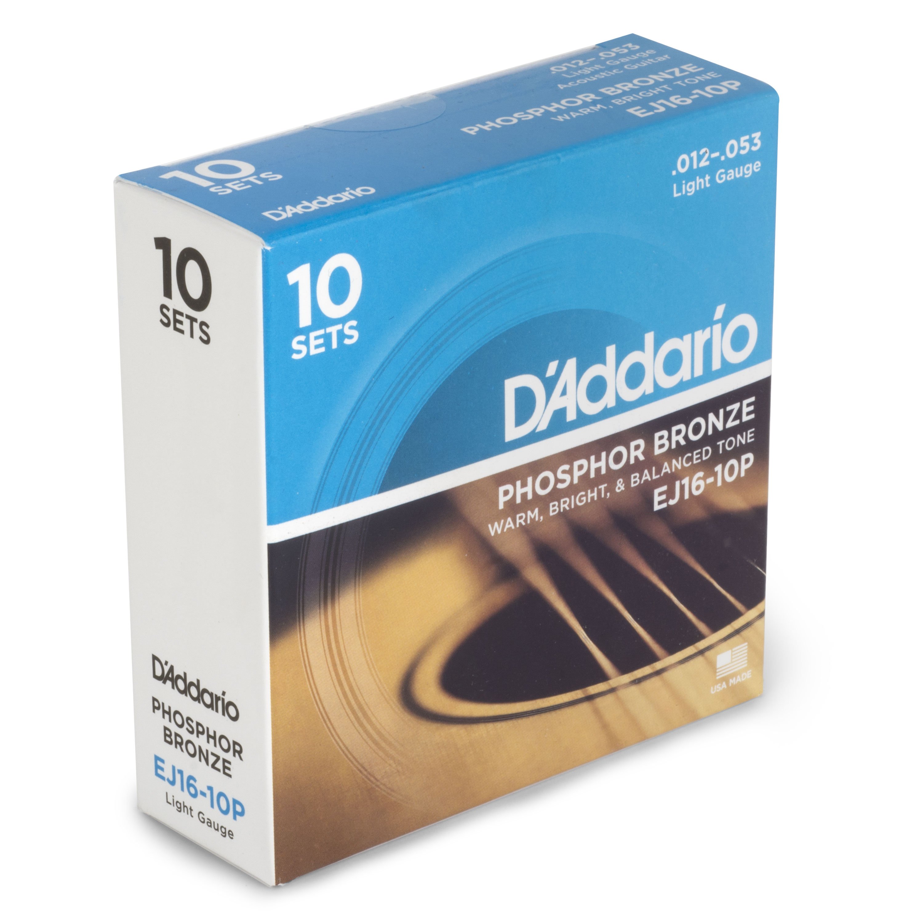 D'Addario Phosphor Bronze Wound Acoustic Guitar Strings, 10-pack, Light  (EJ16-10P)
