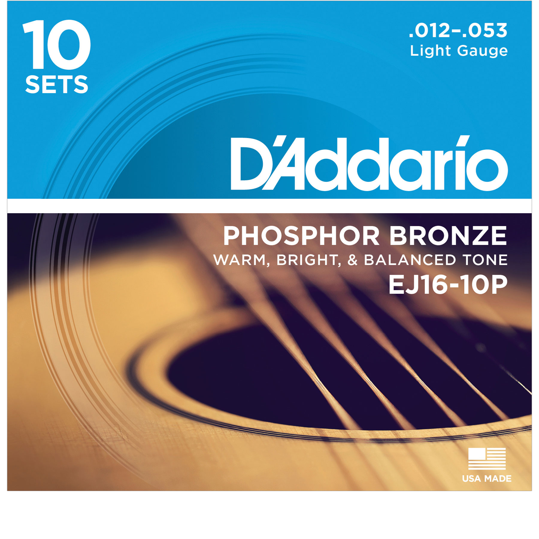 D'Addario Phosphor Bronze Wound Acoustic Guitar Strings, 10-pack