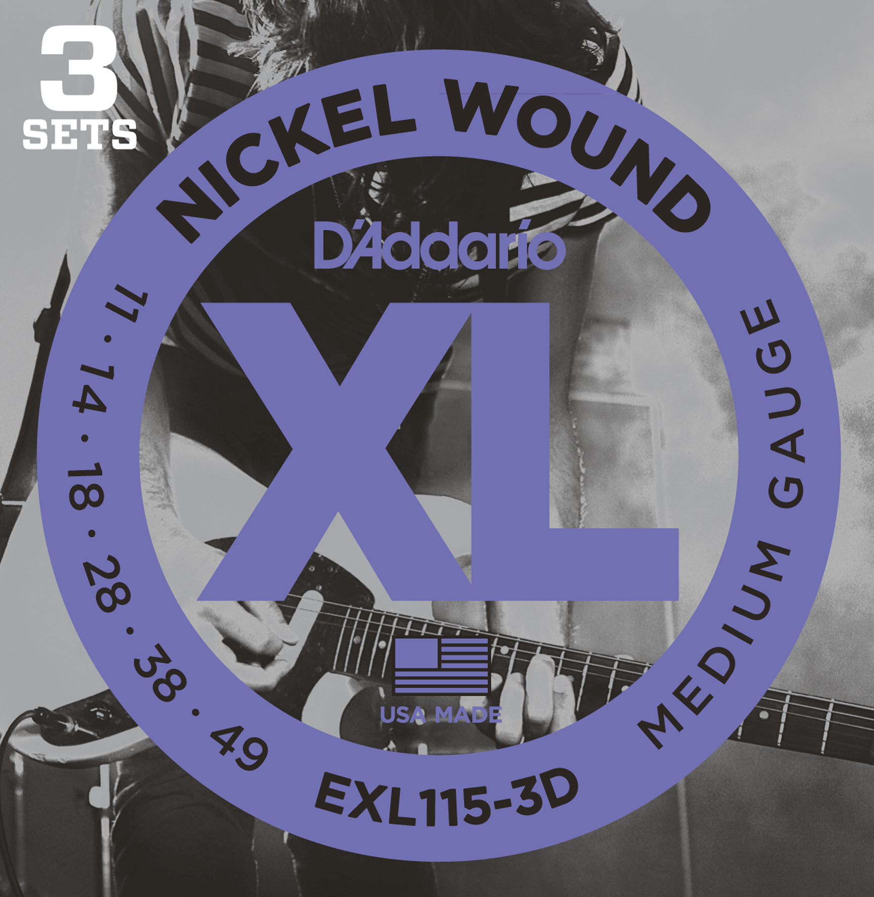 D'Addario XL Nickel Wound Electric Guitar Strings, 3-pack, Medium/Blues-Jazz Rock (EXL115-3D) D'Addario XL Nickel Wound Electric Guitar Strings, 3-pack, Medium/Blues-Jazz Rock (EXL115-3D)