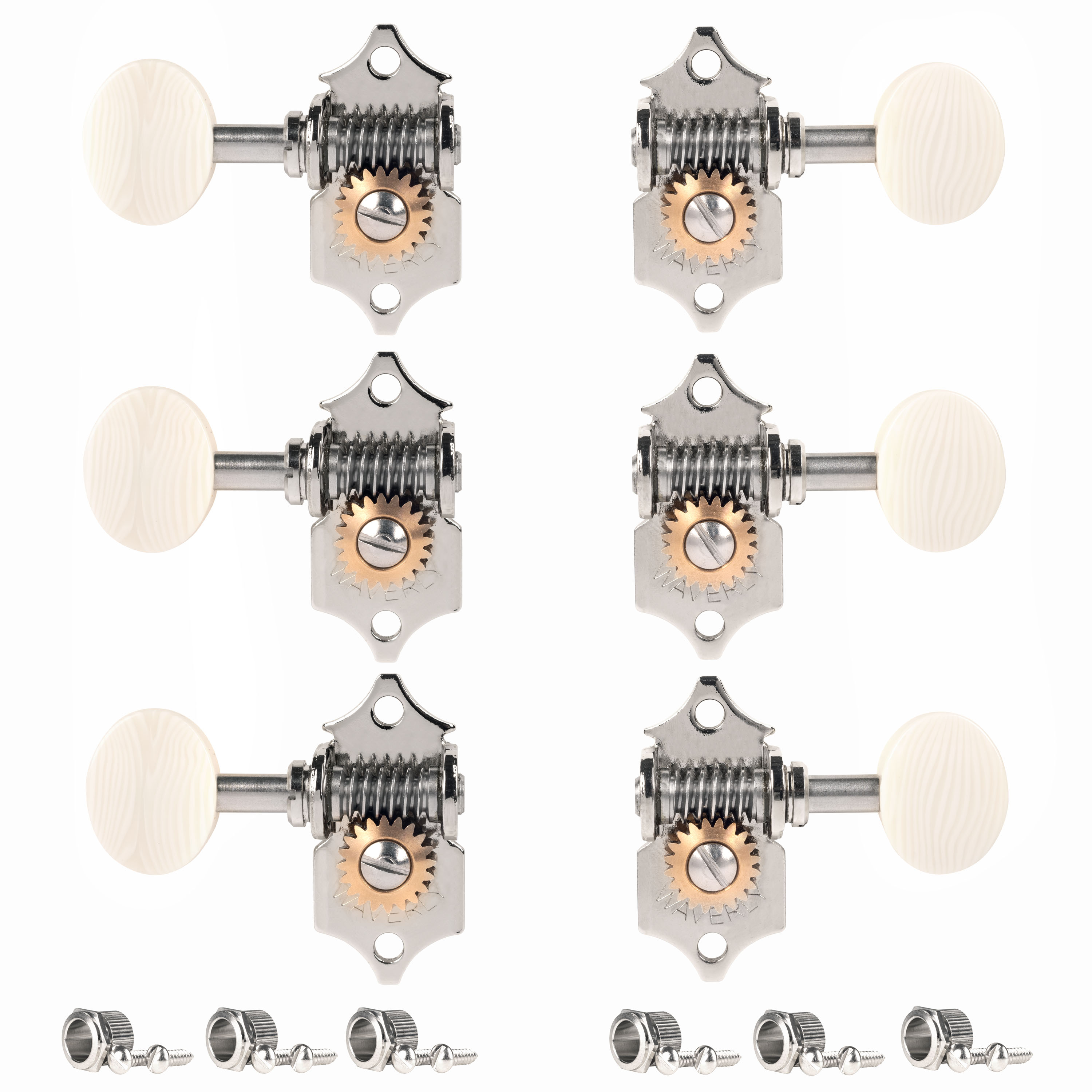 Waverly High Ratio Guitar Tuners with Ivoroid Knobs for Solid Pegheads, Nickel, 3L/3R Waverly High Ratio Guitar Tuners with Ivoroid Knobs for Solid Pegheads, Nickel, 3L/3R