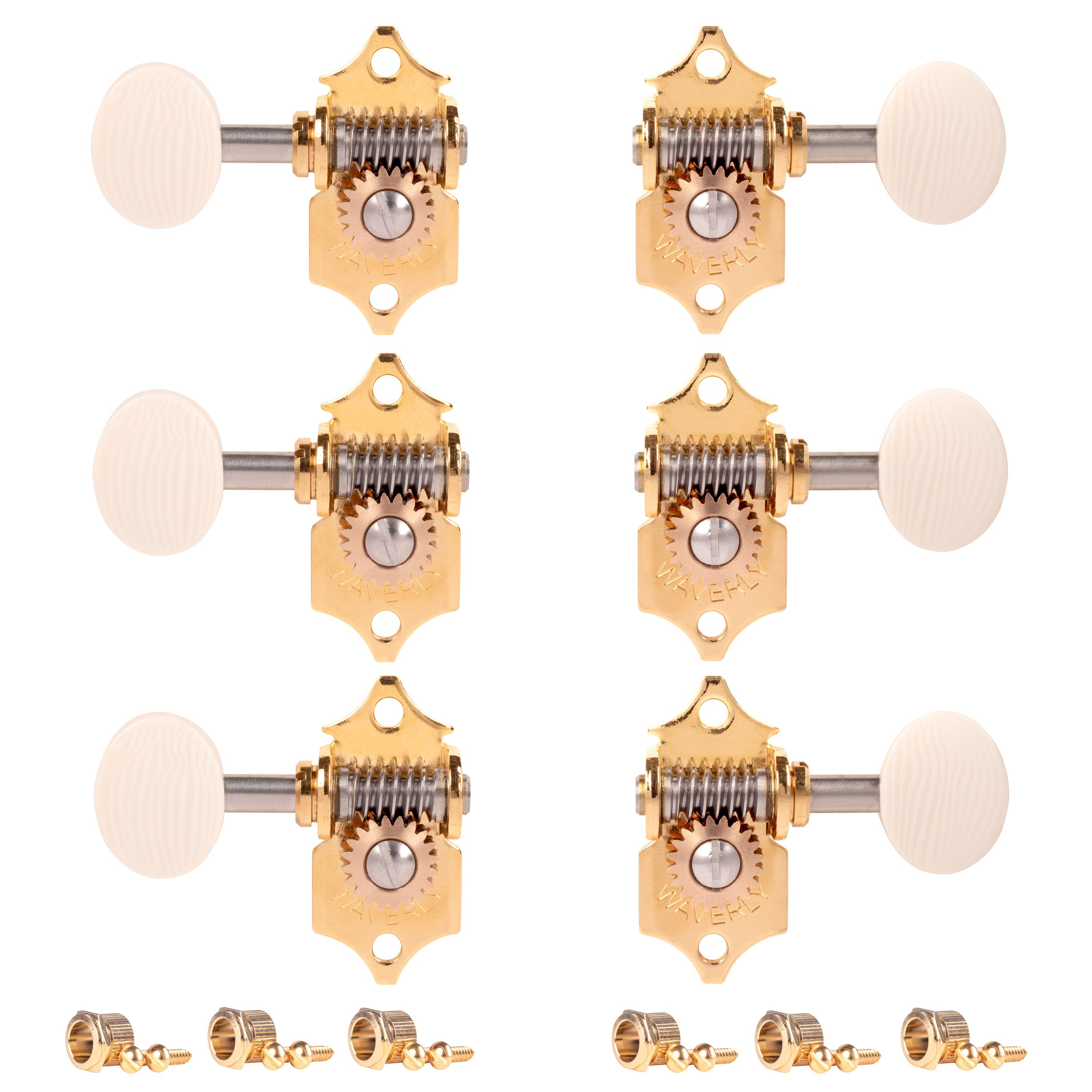 Waverly High Ratio Guitar Tuners with Ivoroid Knobs for Solid Pegheads, Gold, 3L/3R Waverly High Ratio Guitar Tuners with Ivoroid Knobs for Solid Pegheads, Gold, 3L/3R