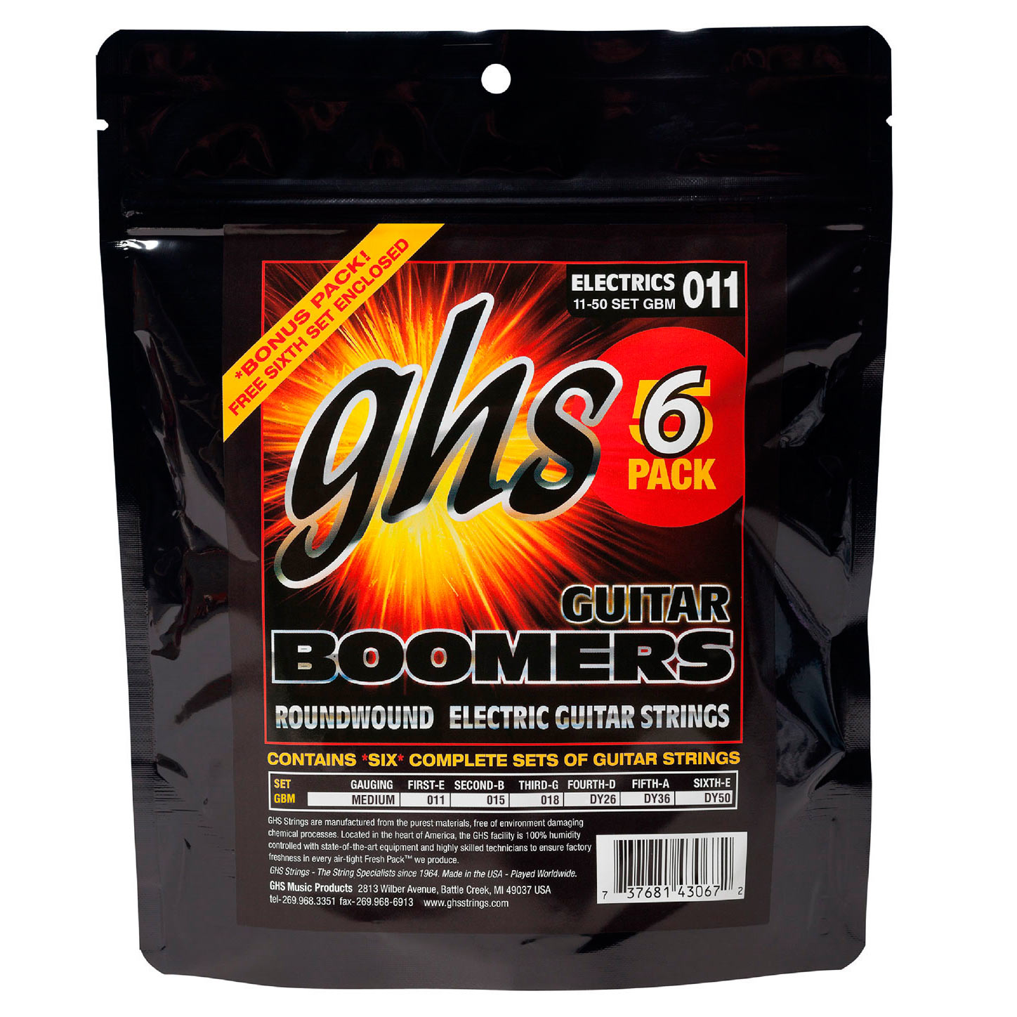 GHS Electric Guitar Boomers, 6-Pack, Medium, 11 - 50