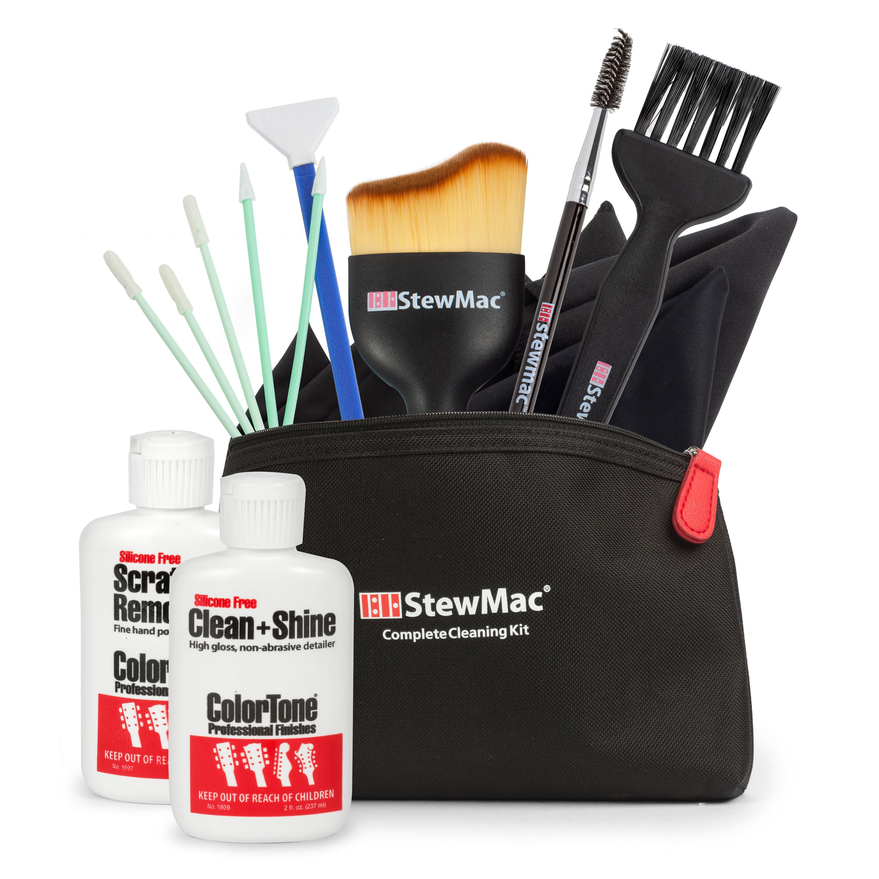 Guitar cleaning tools and polishes in a travel bag.