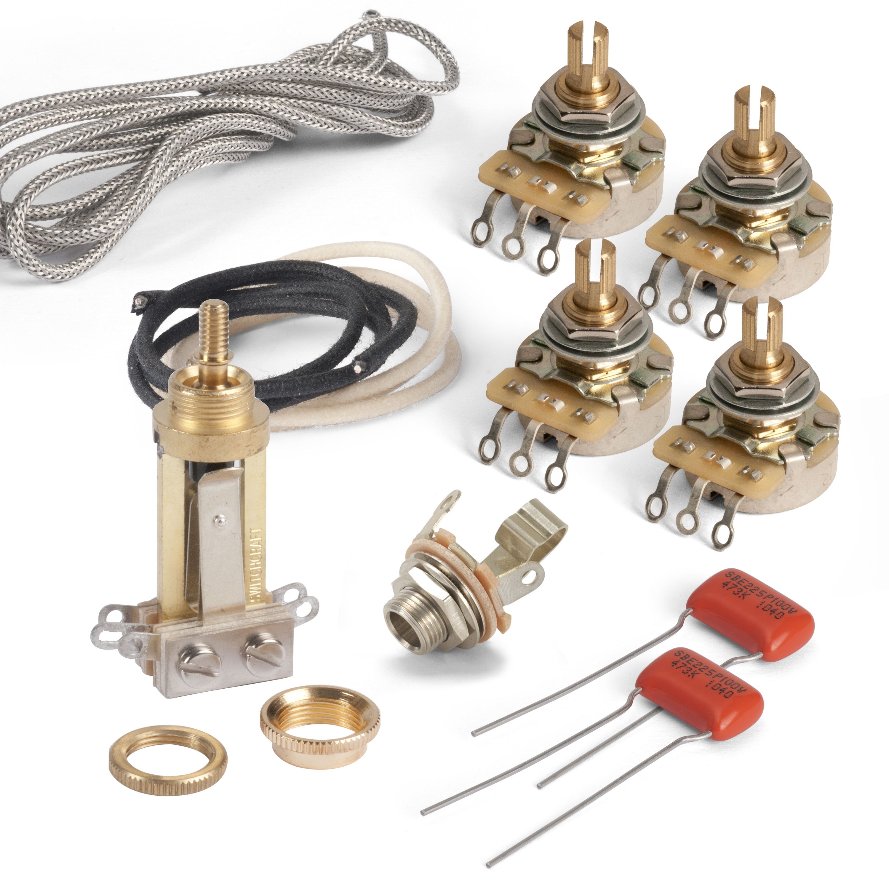 Premium Wiring Kit for Gibson® Les Paul® Guitar, Standard-shaft CTS pots and gold Switchcraft switch Premium Wiring Kit for Gibson® Les Paul® Guitar, Standard-shaft CTS pots and gold Switchcraft switch