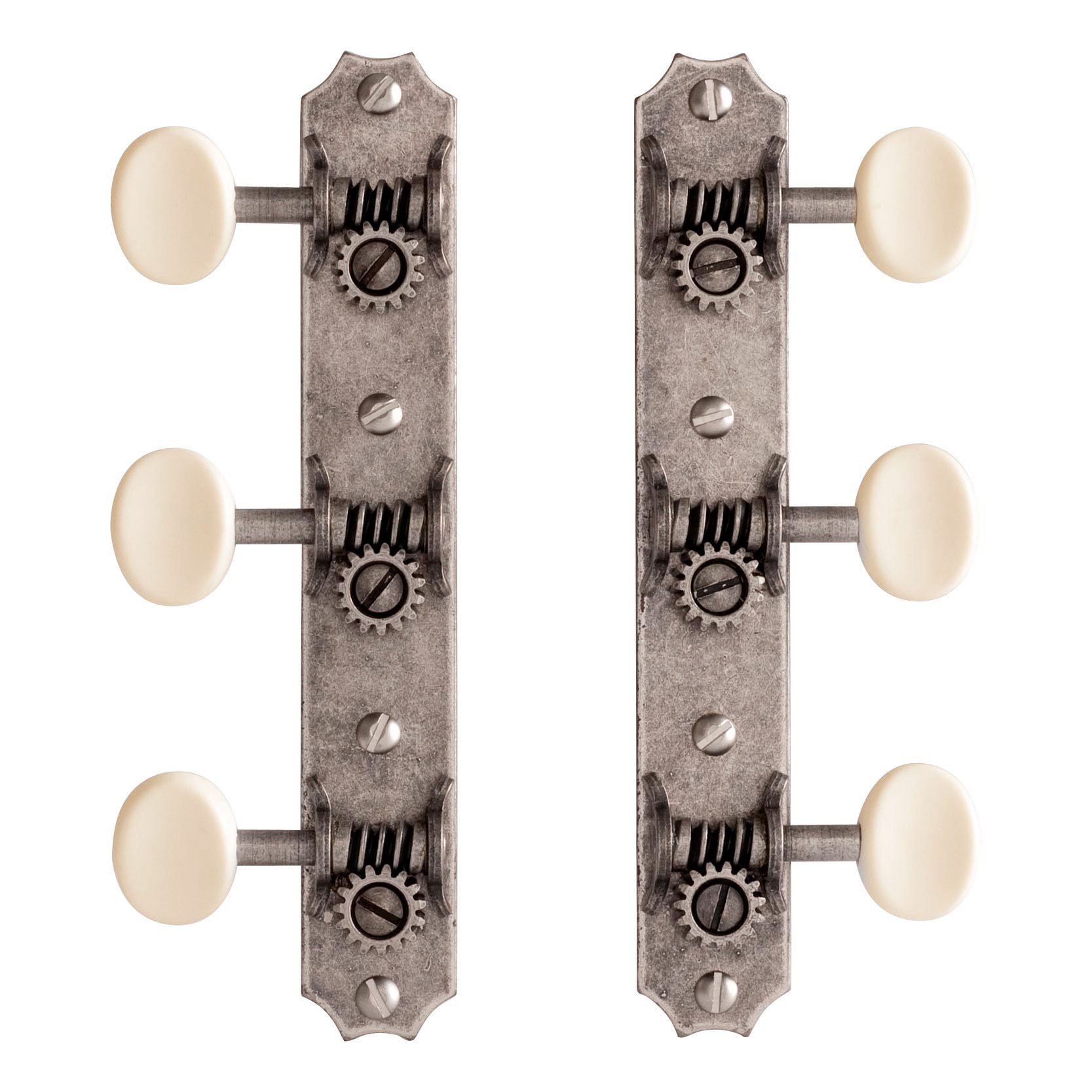 Golden Age Restoration Tuners for Slotted Peghead Guitar - Scallop-end, Relic nickel, cream knobs Golden Age Restoration Tuners for Slotted Peghead Guitar - Scallop-end, Relic nickel, cream knobs