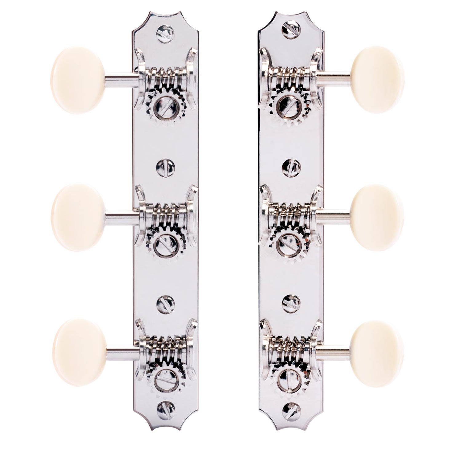 Golden Age Restoration Tuners for Slotted Peghead Guitar - Scallop-end, Bright nickel, cream knobs Golden Age Restoration Tuners for Slotted Peghead Guitar - Scallop-end, Bright nickel, cream knobs