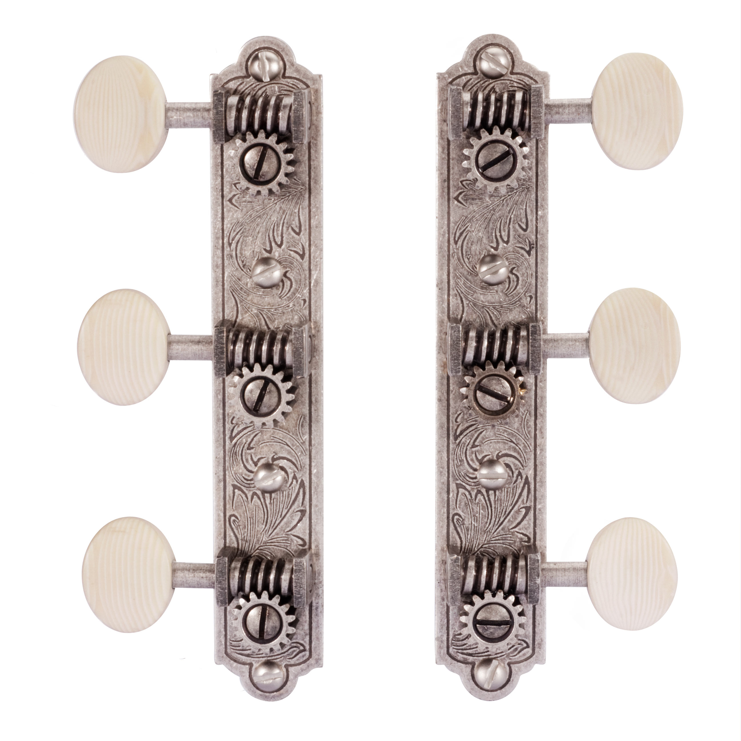 Golden Age Restoration Tuners for Solid Peghead Guitar with Engraved Bell-end, Relic nickel, ivoroid knob Golden Age Restoration Tuners for Solid Peghead Guitar with Engraved Bell-end, Relic nickel, ivoroid knob