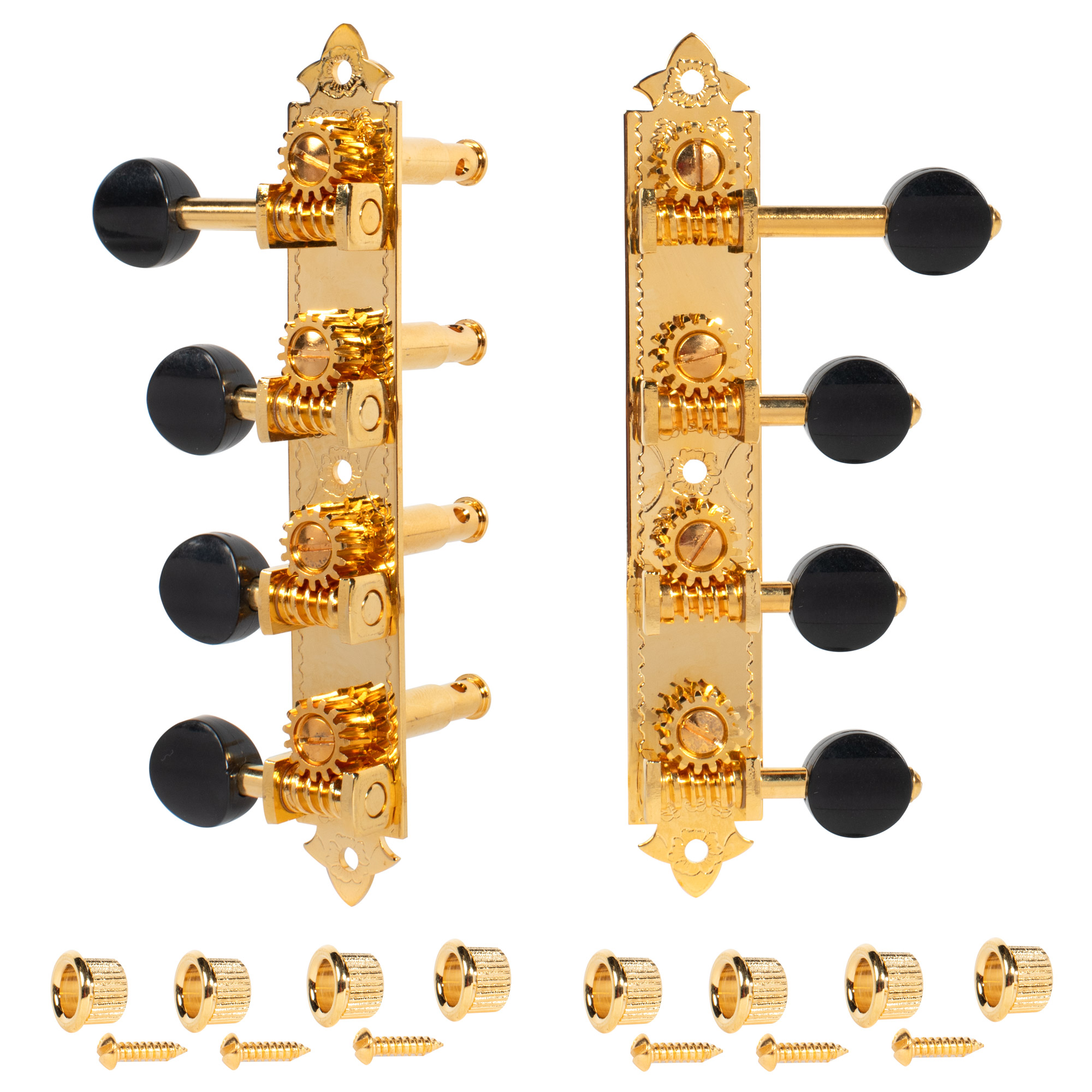 Golden Age F-style Mandolin Tuners, Gold with black knobs Golden Age F-style Mandolin Tuners, Gold with black knobs