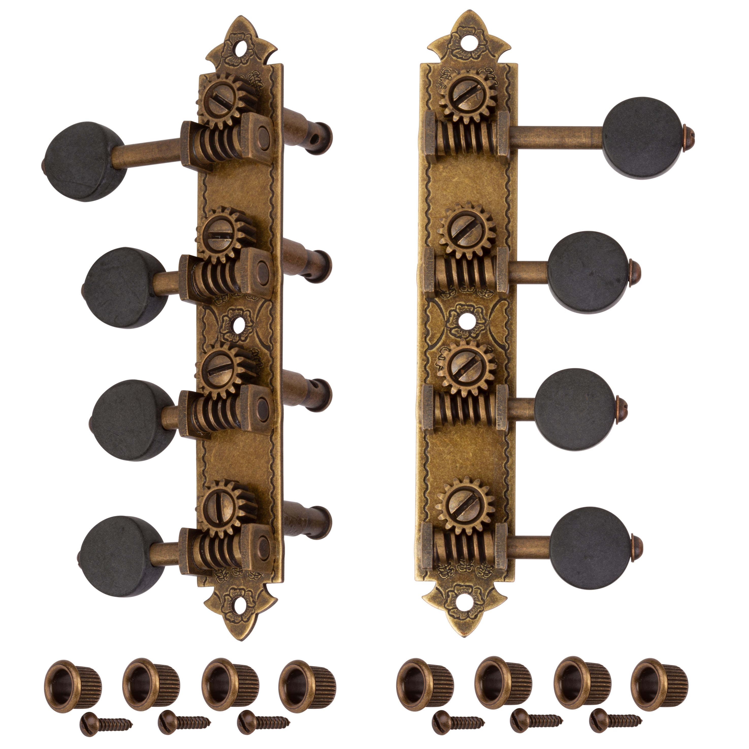 Golden Age F-style Mandolin Tuners, Relic brass with black knobs Golden Age F-style Mandolin Tuners, Relic brass with black knobs