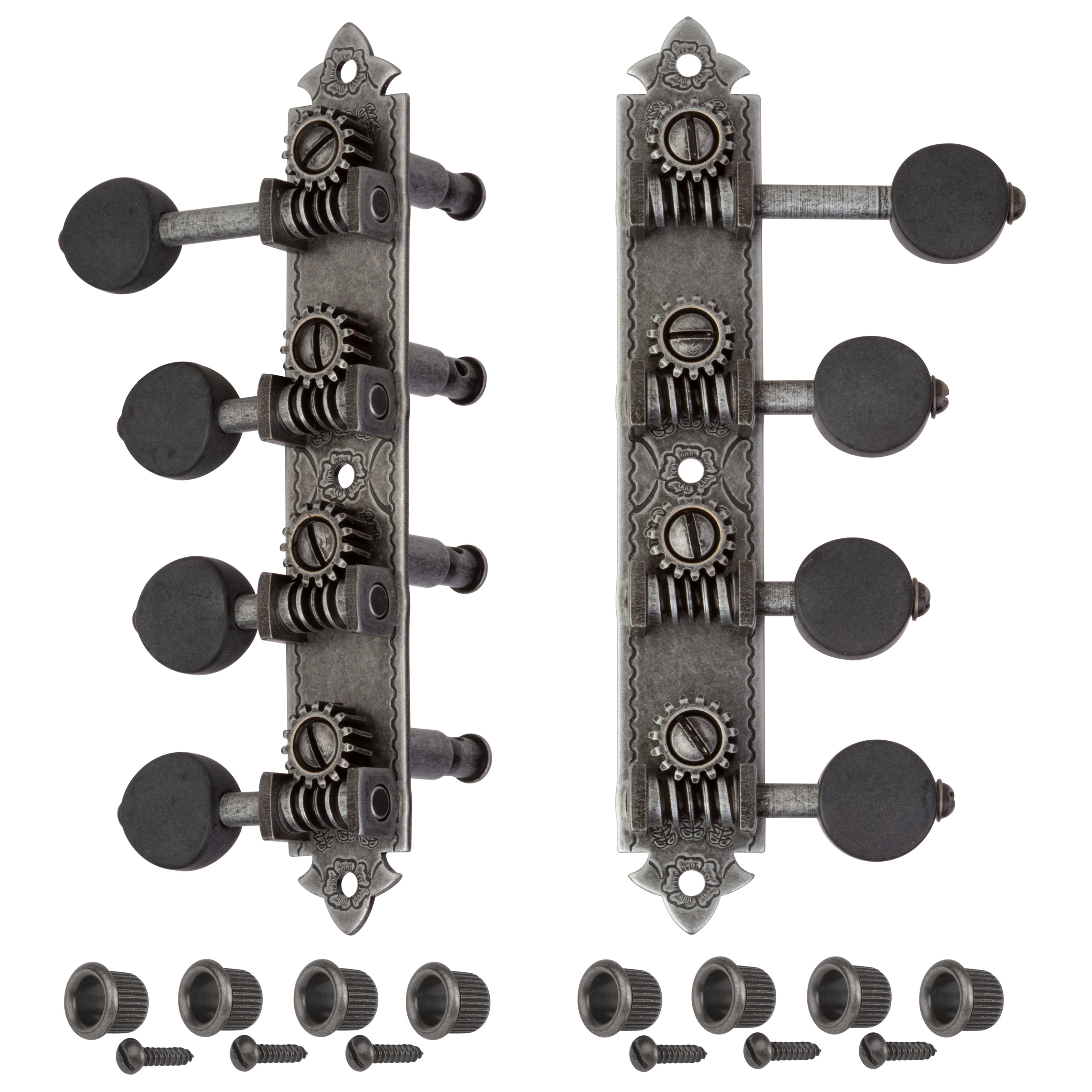 Golden Age F-style Mandolin Tuners, Relic nickel with black knobs Golden Age F-style Mandolin Tuners, Relic nickel with black knobs
