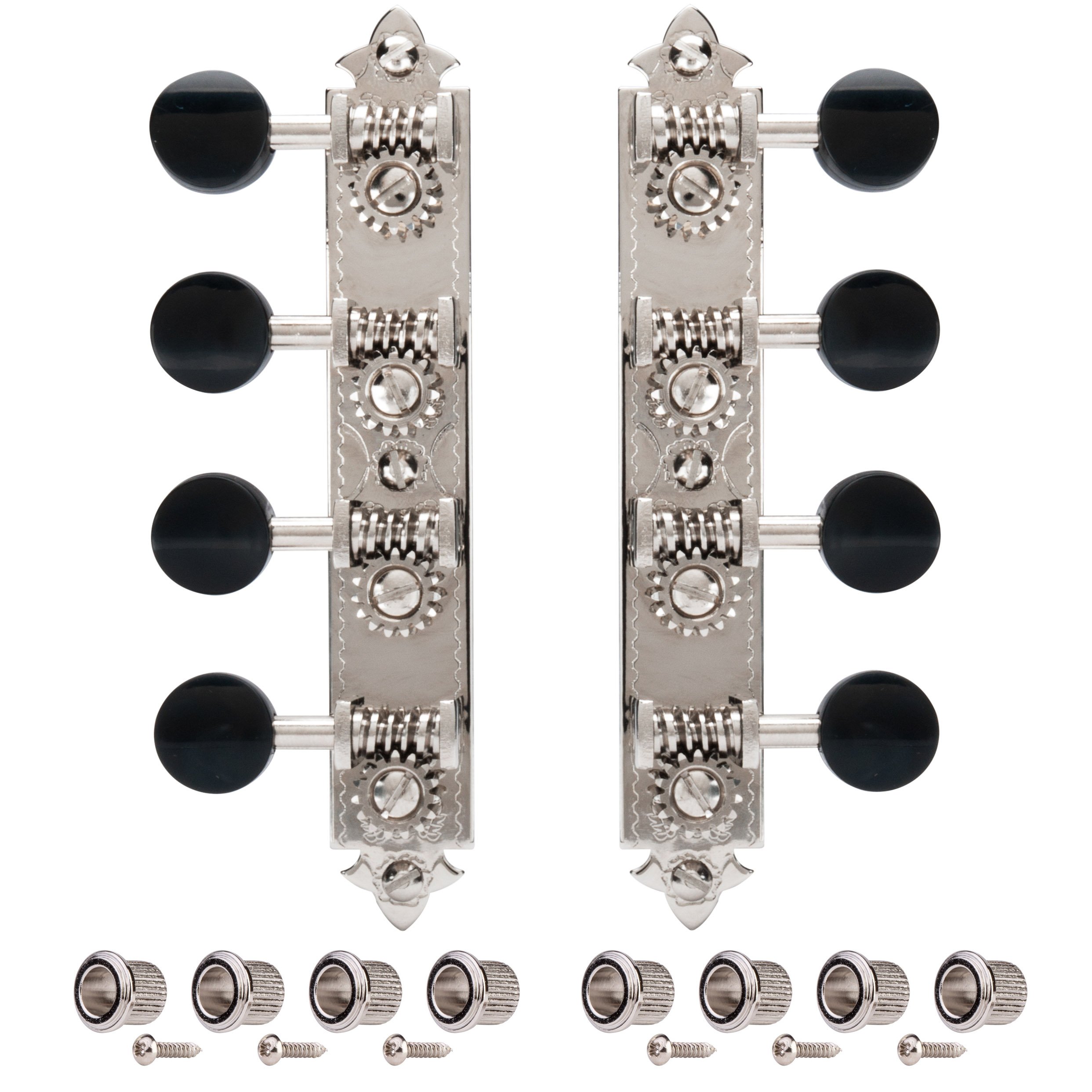 Golden Age A-style Mandolin Tuners, Bright nickel with black knobs Golden Age A-style Mandolin Tuners, Bright nickel with black knobs
