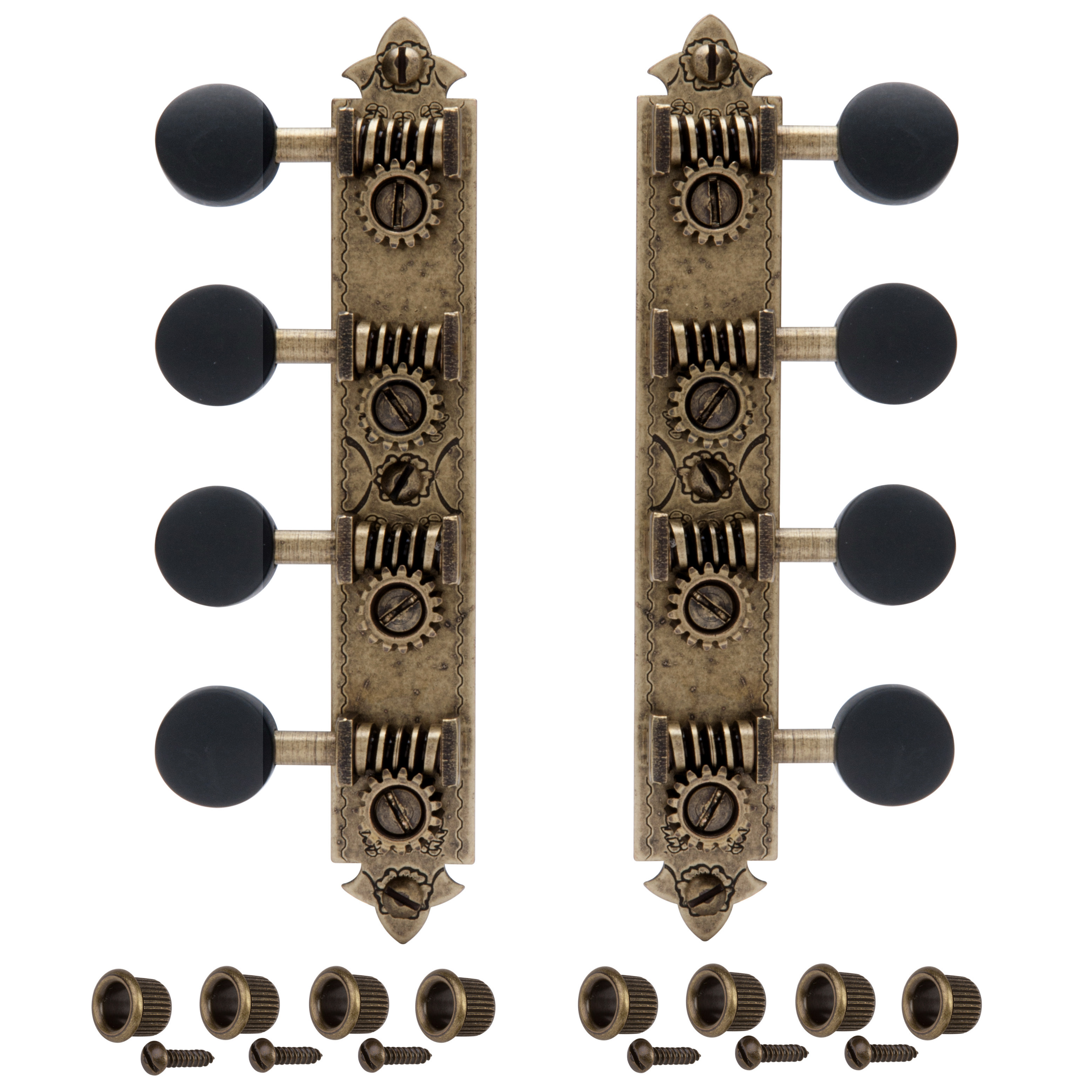 Golden Age A-style Mandolin Tuners, Relic brass with black knobs Golden Age A-style Mandolin Tuners, Relic brass with black knobs