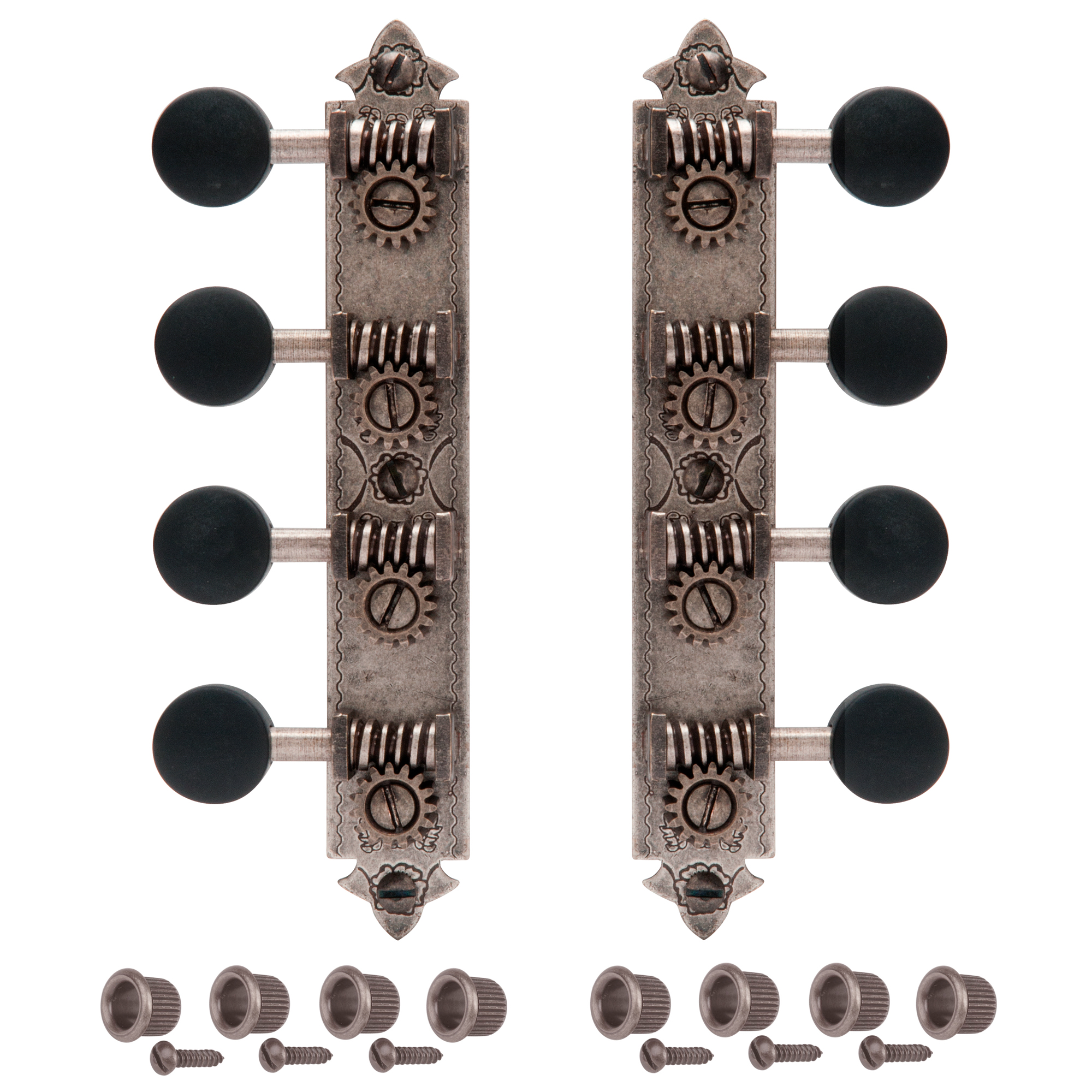 Golden Age A-style Mandolin Tuners, Relic nickel with black knobs Golden Age A-style Mandolin Tuners, Relic nickel with black knobs
