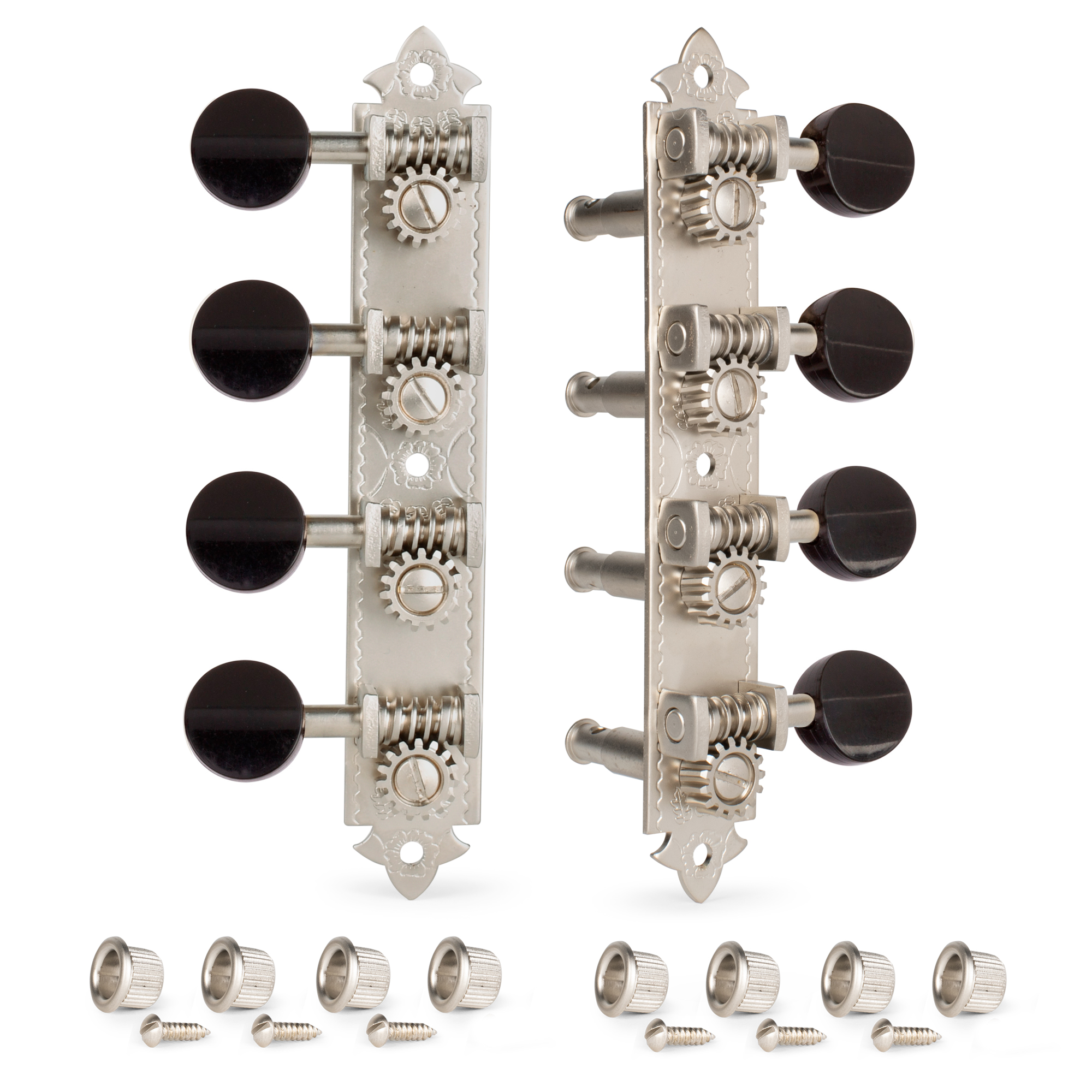 Golden Age A-style Mandolin Tuners, Satin nickel with black knobs Golden Age A-style Mandolin Tuners, Satin nickel with black knobs
