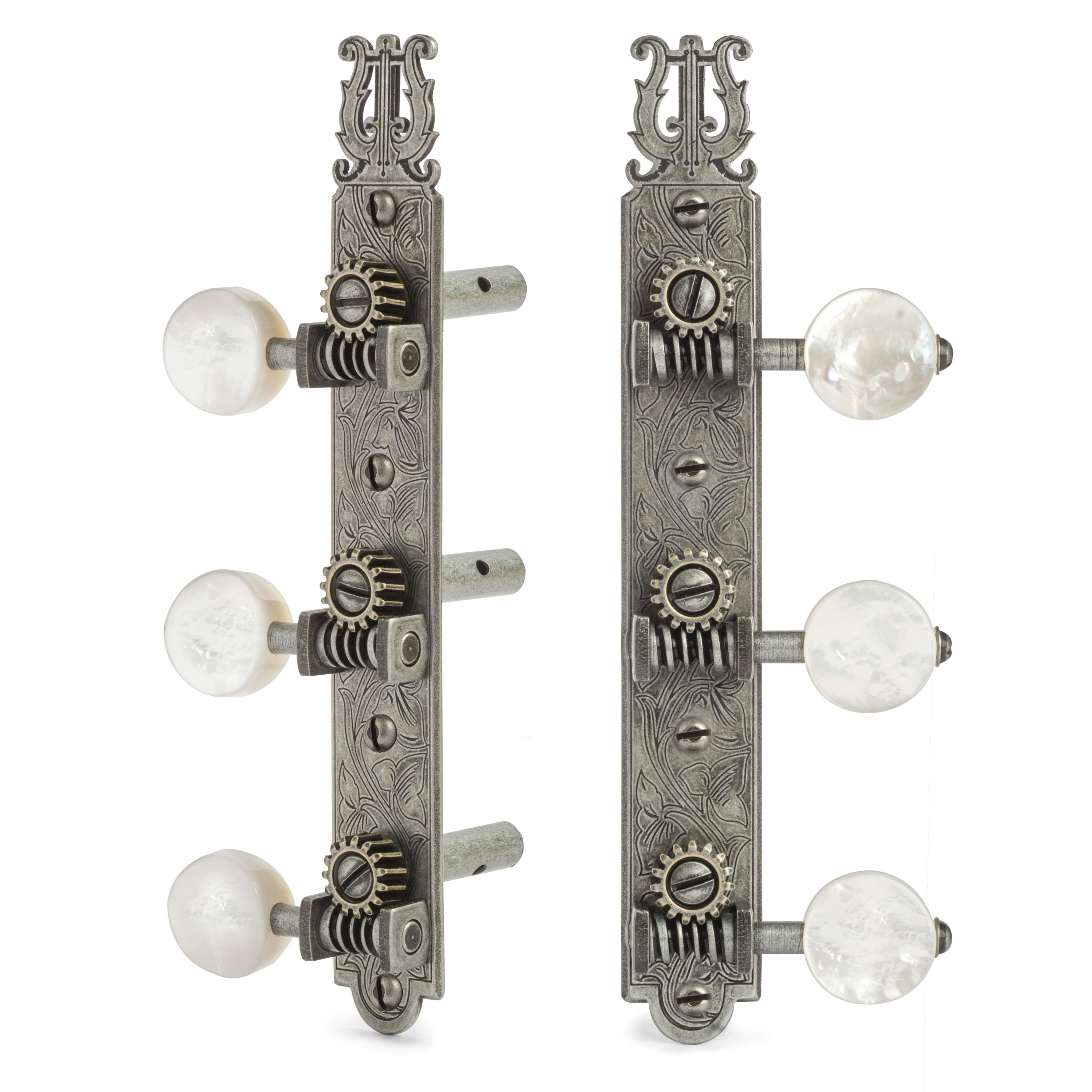 Golden Age 1919 Restoration Guitar Tuners with Mother of Pearl Knobs for Slotted Pegheads, Relic Nickel Golden Age 1919 Restoration Guitar Tuners with Mother of Pearl Knobs for Slotted Pegheads, Relic Nickel