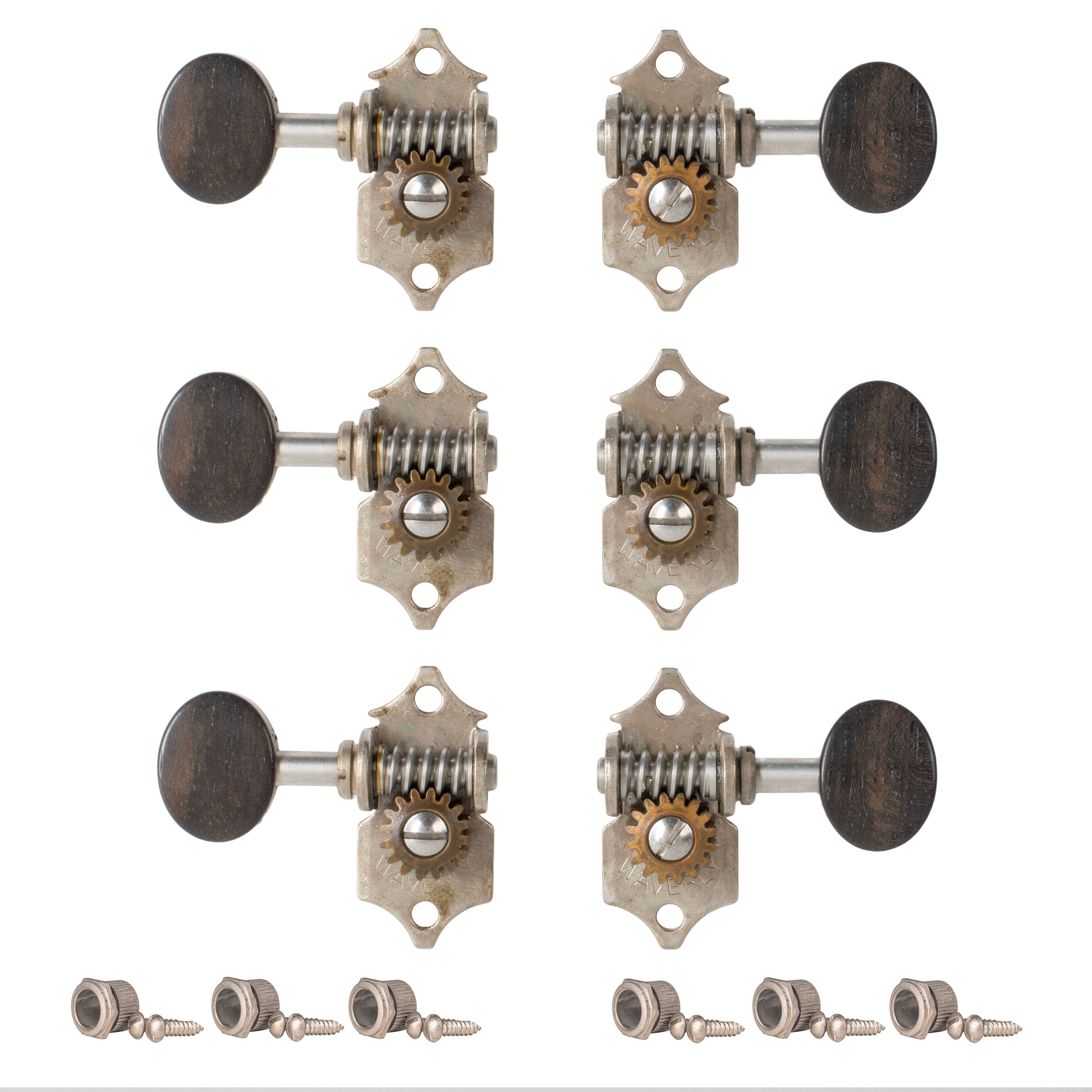 Waverly Guitar Tuners with Ebony Knobs for Solid Pegheads, Relic Nickel, 3L/3R
