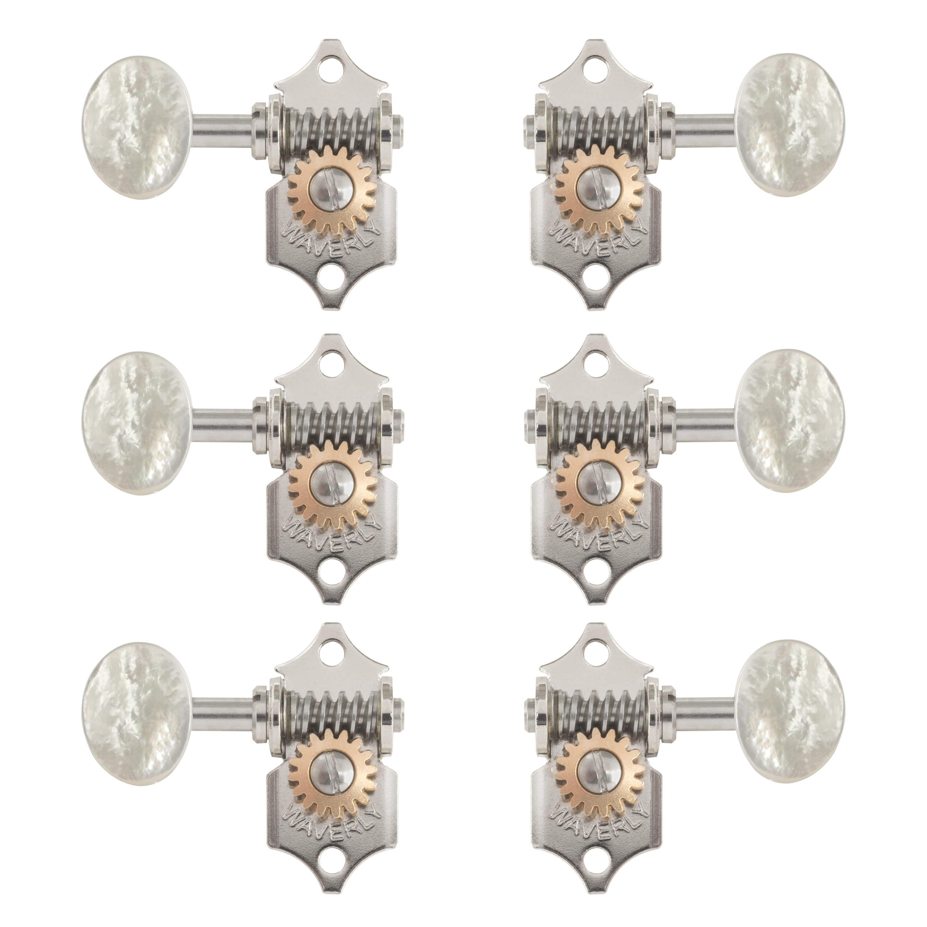 Waverly Guitar Tuners with Pearl Knobs for Solid Pegheads, Nickel, 3L/3R Waverly Guitar Tuners with Pearl Knobs for Solid Pegheads, Nickel, 3L/3R