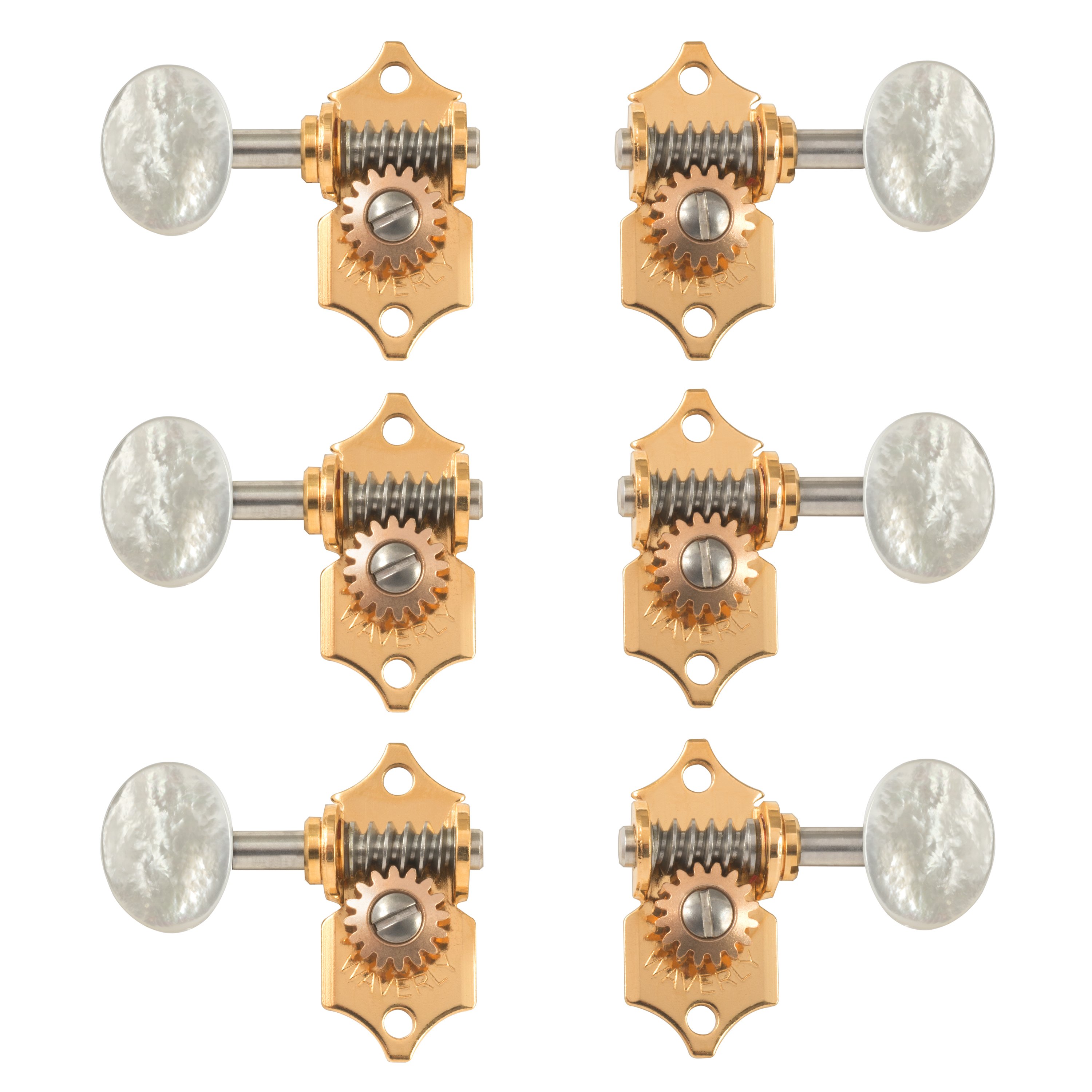 Waverly Guitar Tuners with Pearl Knobs for Solid Pegheads, Gold, 3L/3R Waverly Guitar Tuners with Pearl Knobs for Solid Pegheads, Gold, 3L/3R