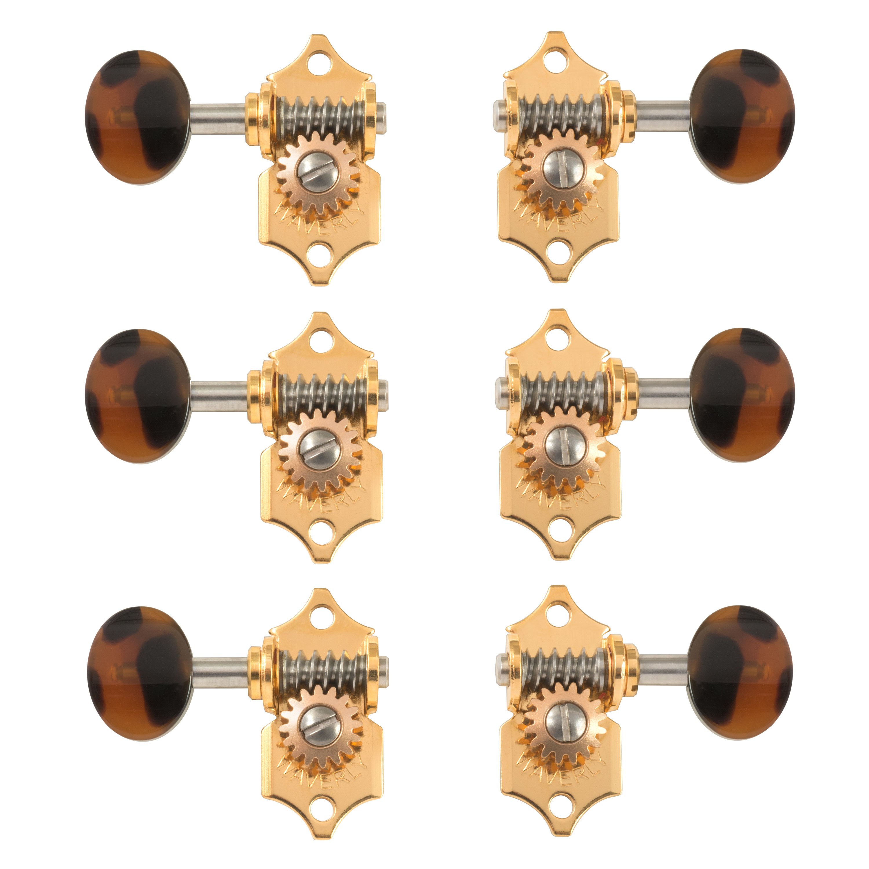 Waverly Guitar Tuners with Dark Tortoise Knobs for Solid Pegheads, Gold, 3L/3R Waverly Guitar Tuners with Dark Tortoise Knobs for Solid Pegheads, Gold, 3L/3R