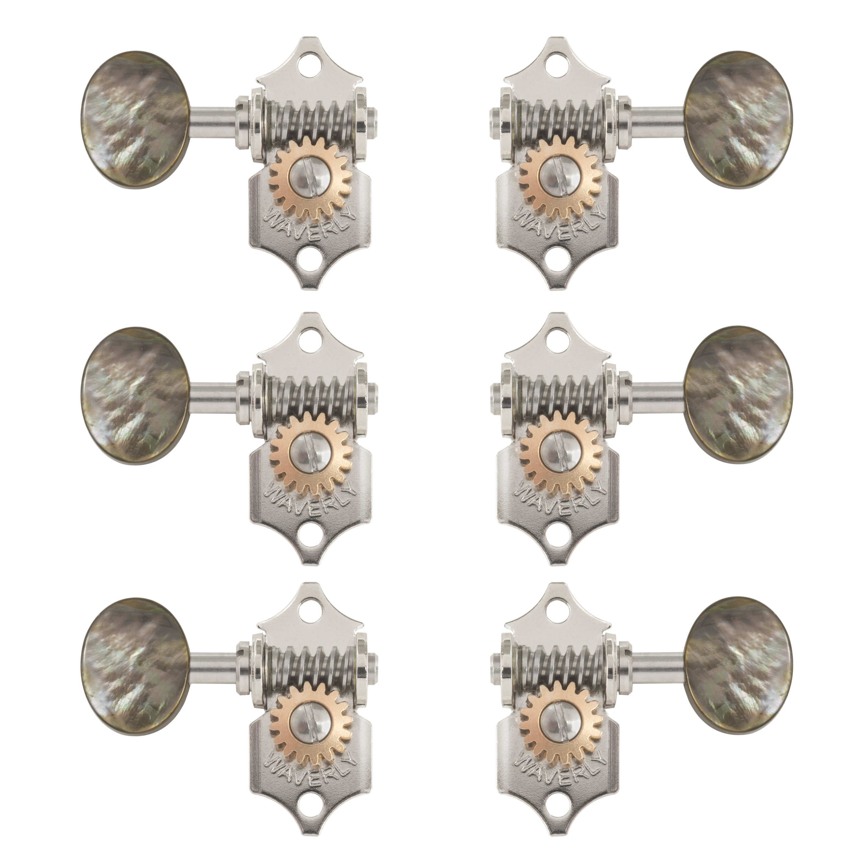 Waverly Guitar Tuners with Black Pearl Knobs for Solid Pegheads, Nickel, 3L/3R Waverly Guitar Tuners with Black Pearl Knobs for Solid Pegheads, Nickel, 3L/3R