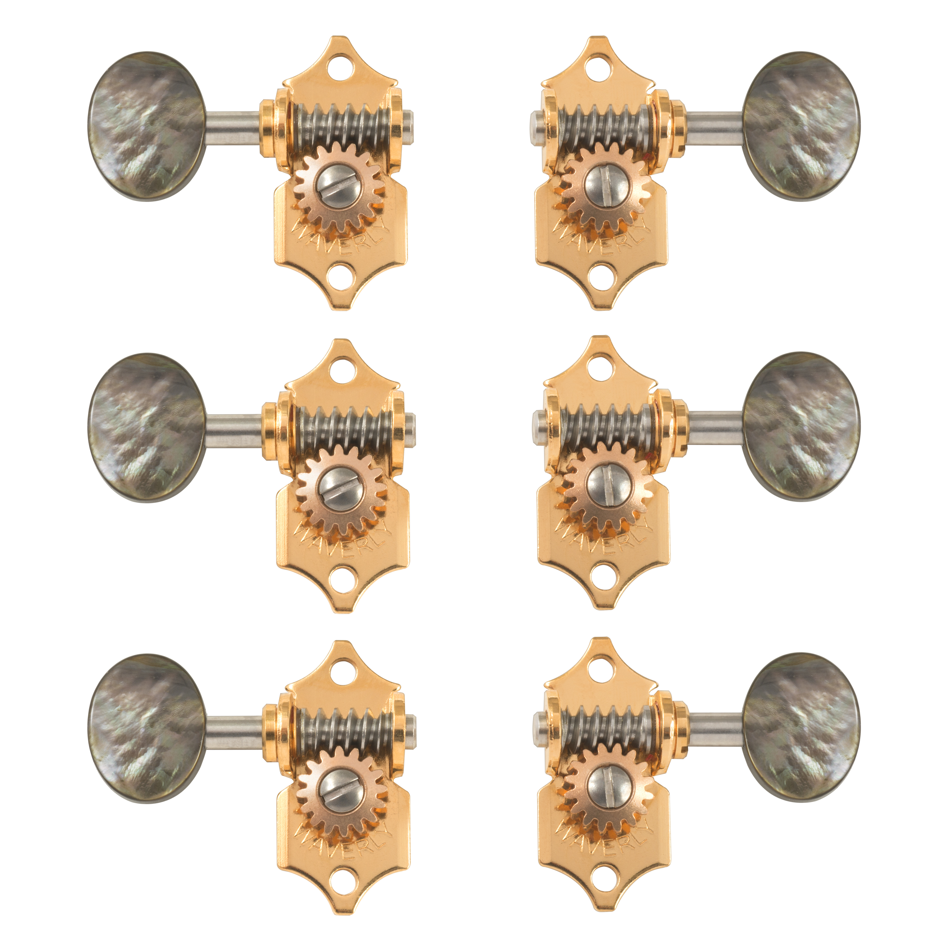 Waverly Guitar Tuners with Black Pearl Knobs for Solid Pegheads, Gold, 3L/3R Waverly Guitar Tuners with Black Pearl Knobs for Solid Pegheads, Gold, 3L/3R