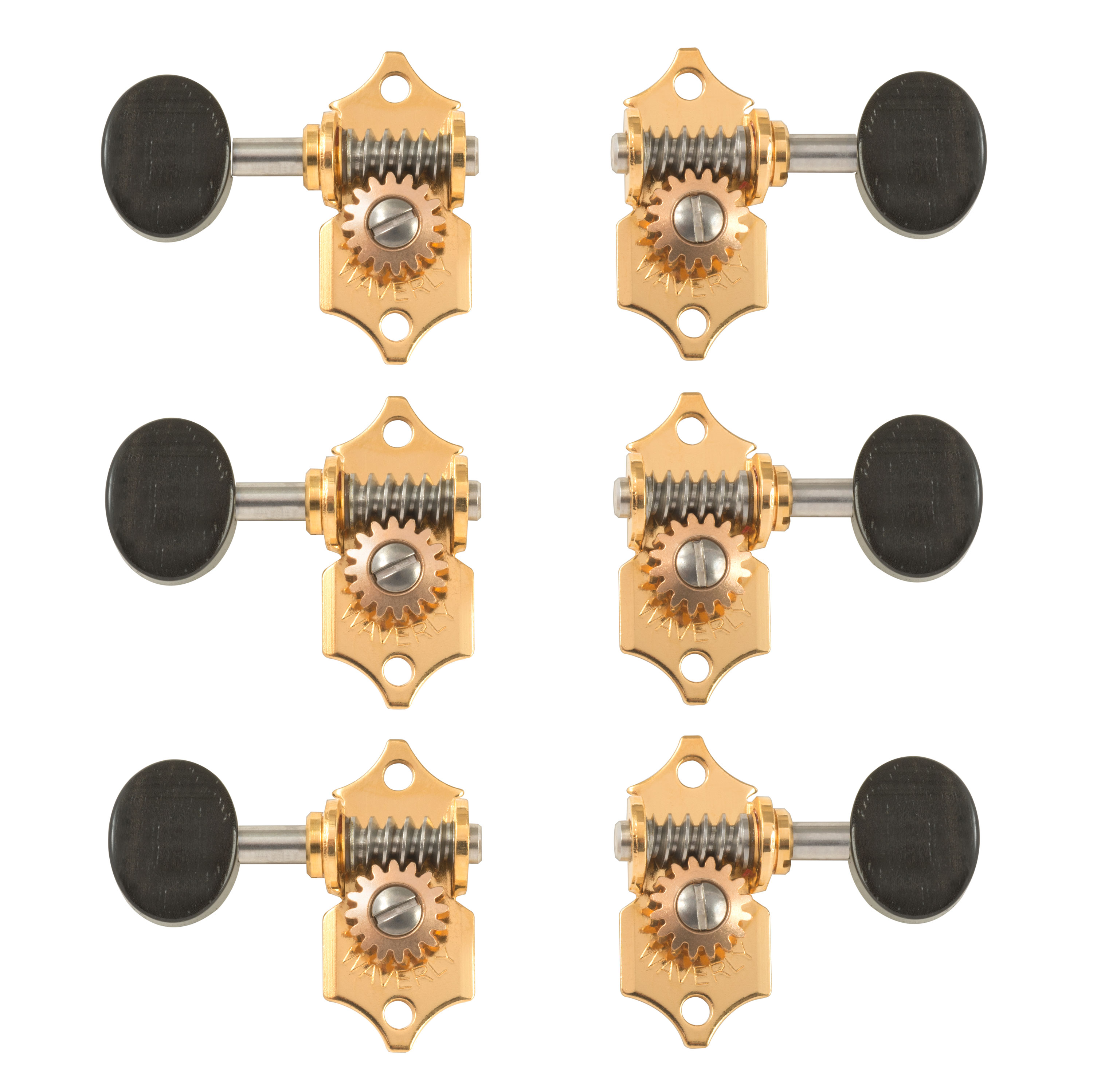 Waverly Guitar Tuners with Ebony Knobs for Slotted Pegheads, Gold, 3L/3R Waverly Guitar Tuners with Ebony Knobs for Slotted Pegheads, Gold, 3L/3R