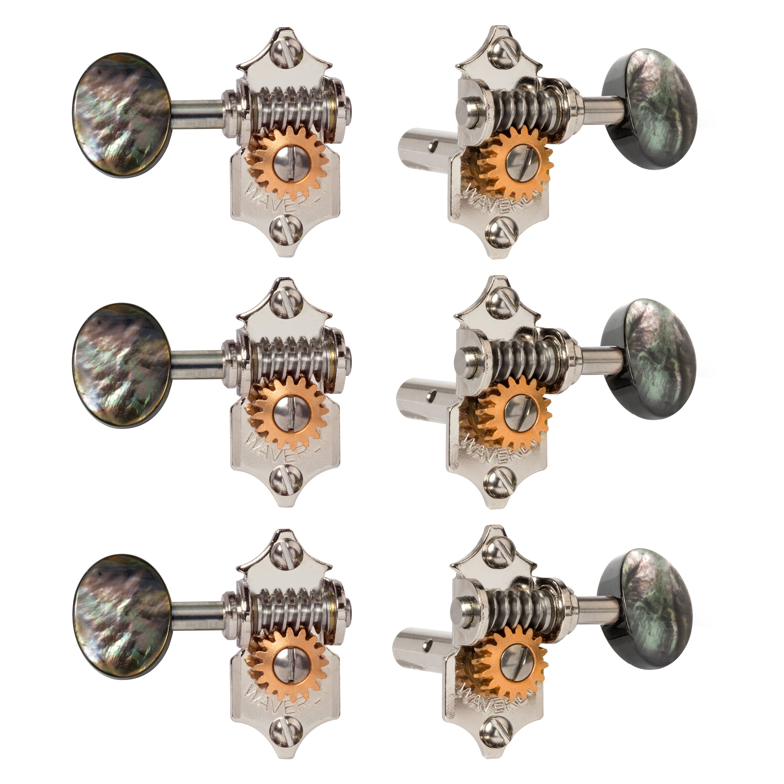 Waverly Guitar Tuners with Black Pearl Knobs for Slotted Pegheads, Nickel, 3L/3R Waverly Guitar Tuners with Black Pearl Knobs for Slotted Pegheads, Nickel, 3L/3R