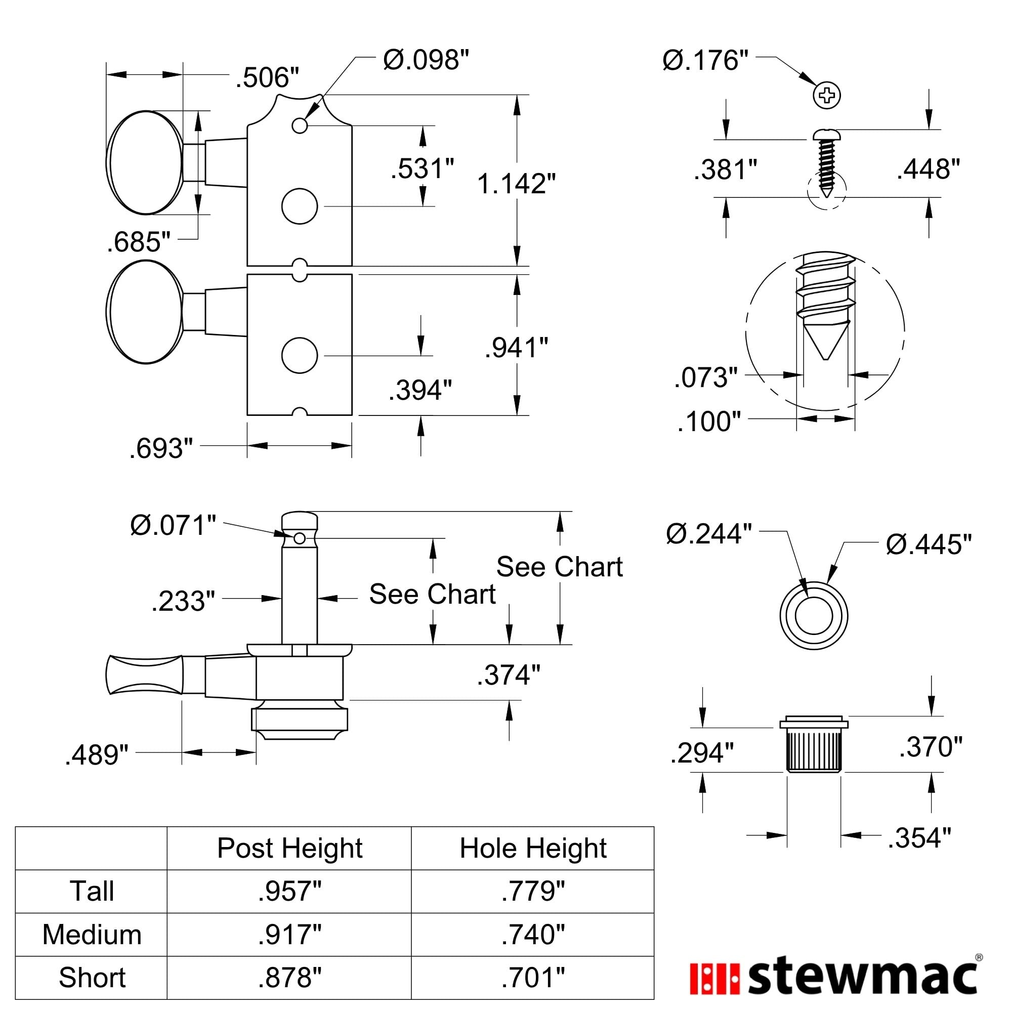 Kluson 6-In-Line Locking Revolution Series H-Mount Non-Collared Tuners