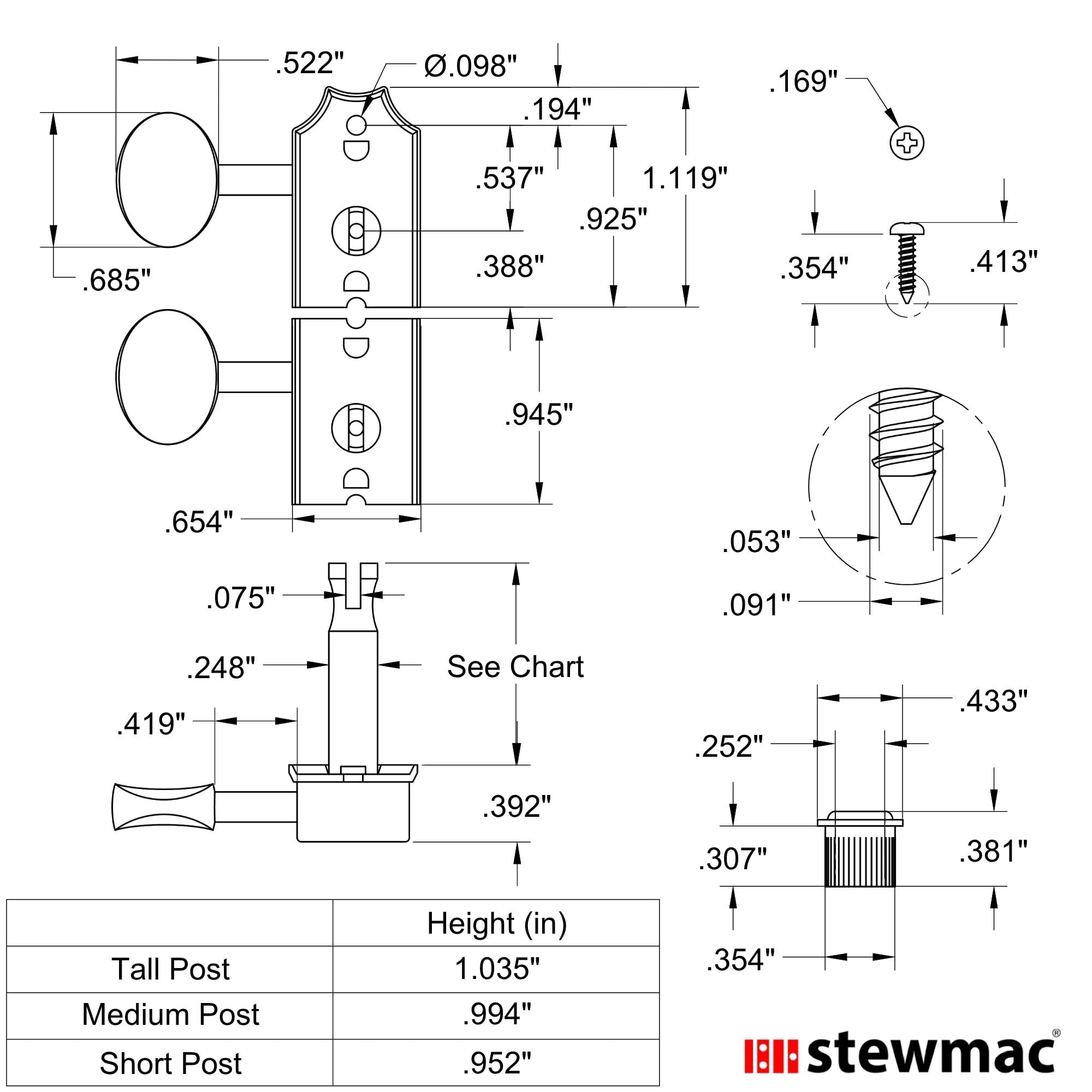 Kluson 6-In-Line Supreme Series Tuners, Staggered Safeti Post