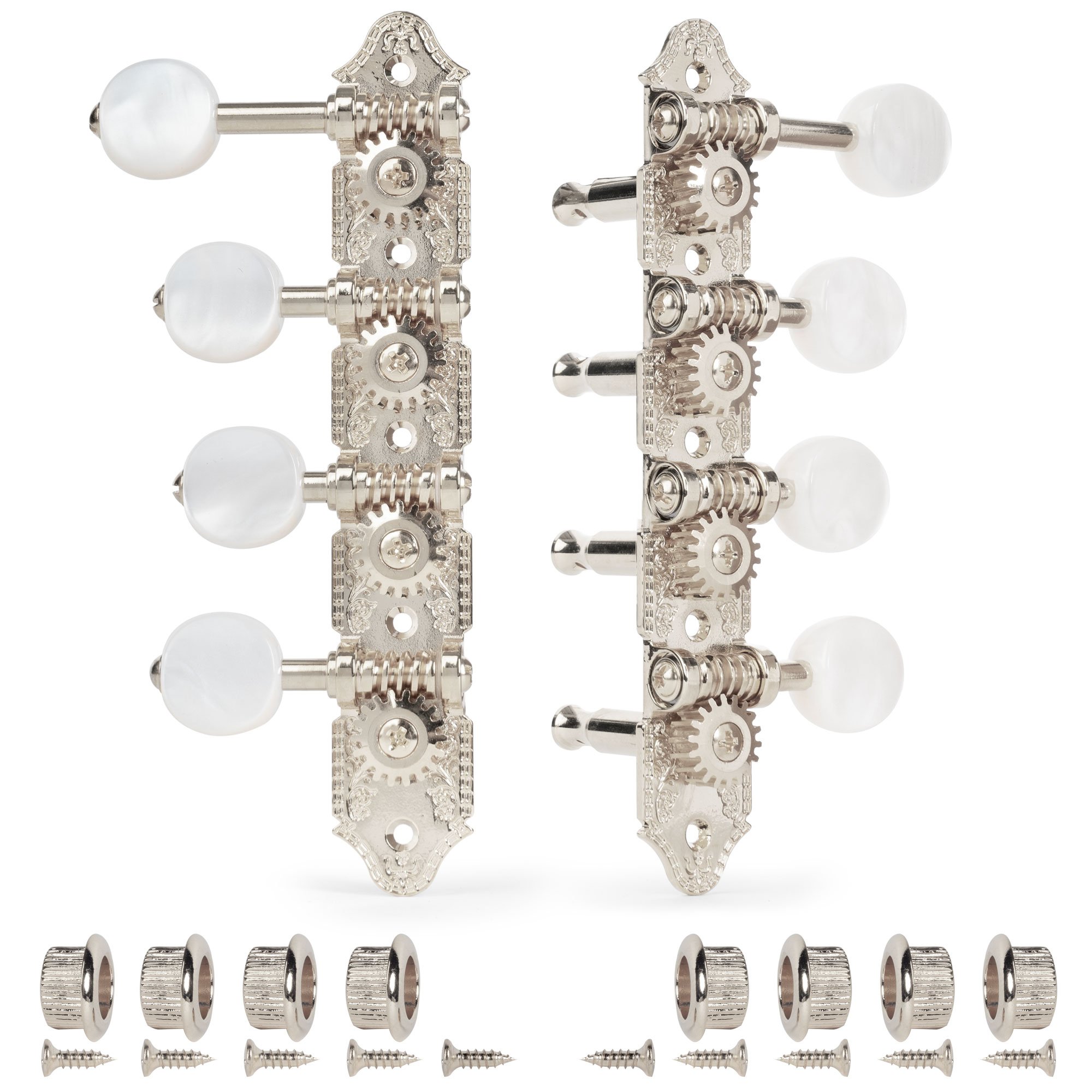 Grover F-Style 409 Mandolin Tuning Machines, Worm over string post, nickel, 4L/4R Grover F-Style 409 Mandolin Tuning Machines, Worm over string post, nickel, 4L/4R