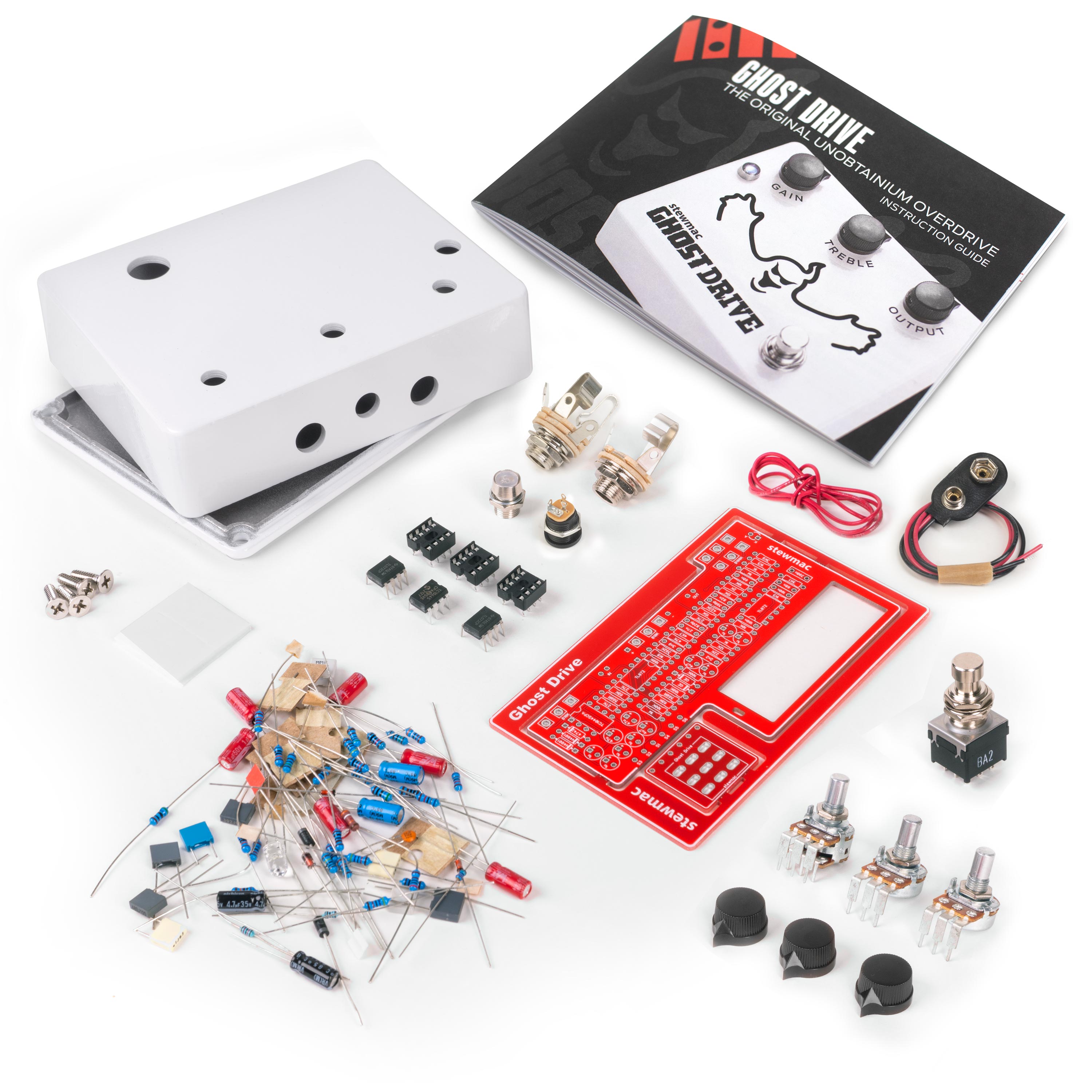 StewMac Ghost Drive DIY Pedal Kit, With White Enclosure StewMac Ghost Drive DIY Pedal Kit, With White Enclosure