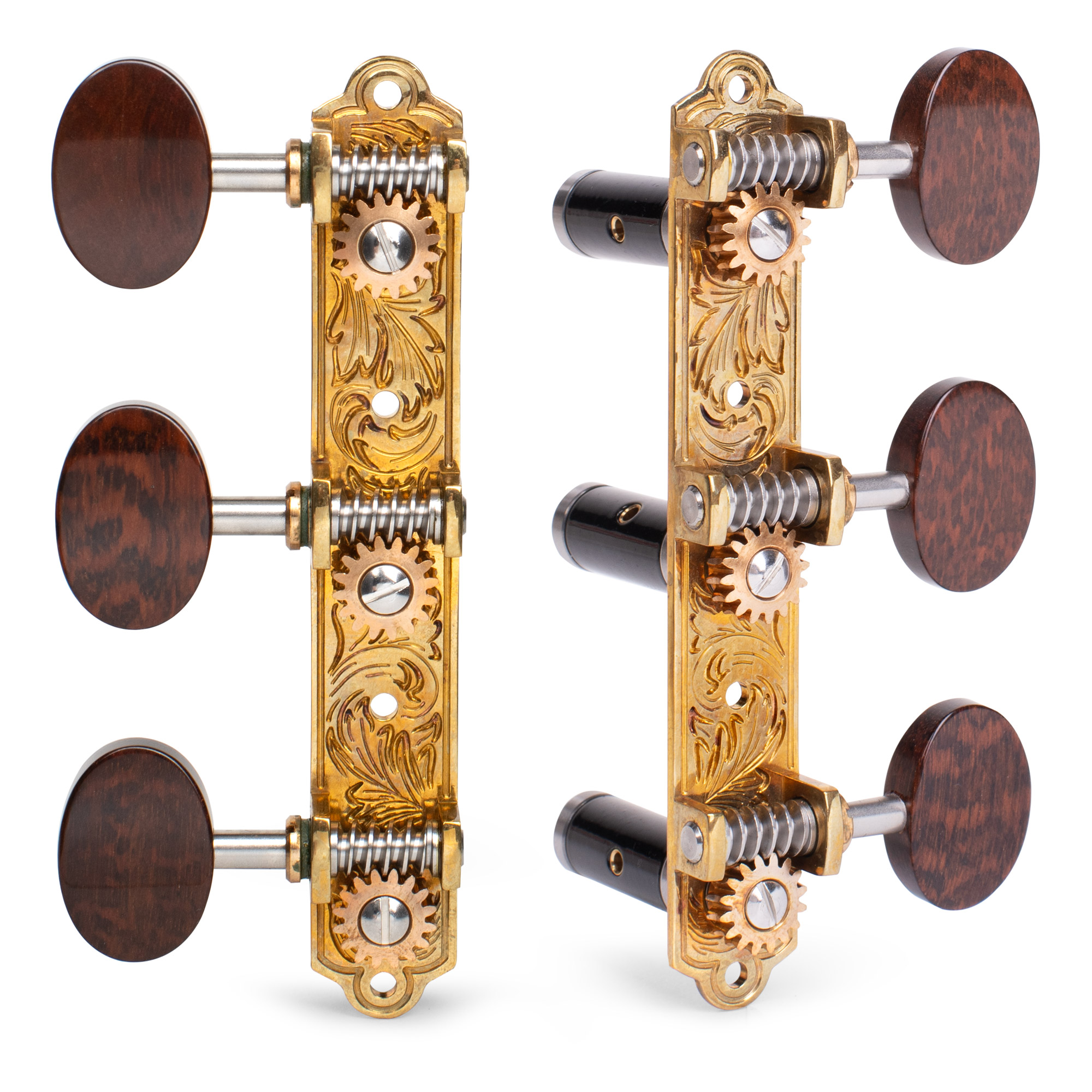 Sloane Classical Guitar Tuners with Snakewood Knobs and Leaf Baseplates, Bright Brass, Black Rollers Sloane Classical Guitar Tuners with Snakewood Knobs and Leaf Baseplates, Bright Brass, Black Rollers