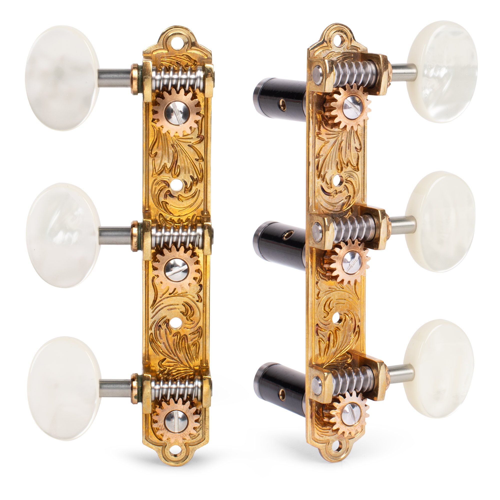 Sloane Classical Guitar Tuners with Pearloid Knobs and Leaf Baseplates, Bright Brass, Black Rollers Sloane Classical Guitar Tuners with Pearloid Knobs and Leaf Baseplates, Bright Brass, Black Rollers