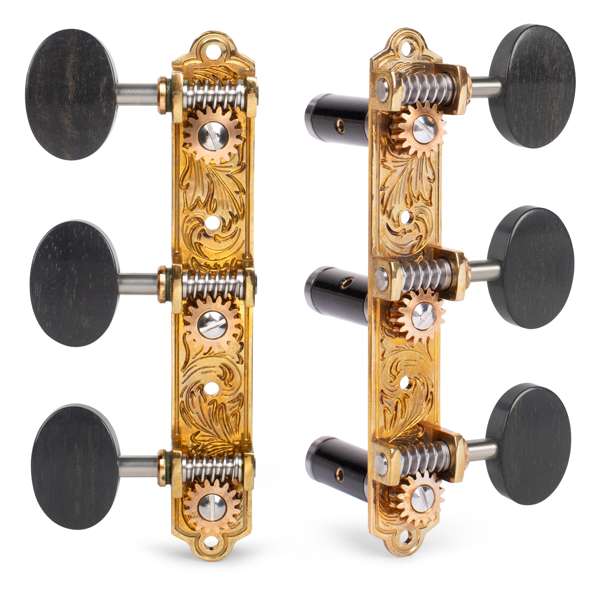 Sloane Classical Guitar Tuners with Ebony Knobs and Leaf Baseplates, Bright Brass, Black Rollers Sloane Classical Guitar Tuners with Ebony Knobs and Leaf Baseplates, Bright Brass, Black Rollers