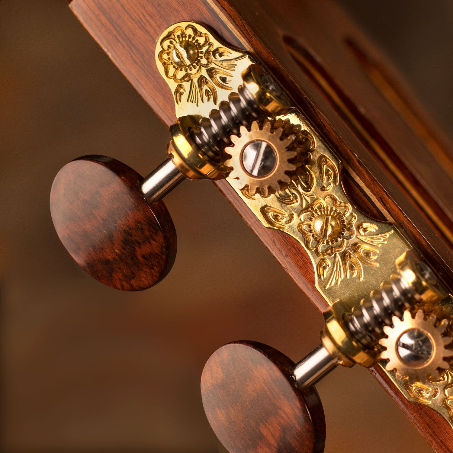 Sloane Classical Guitar Tuners with Snakewood Knobs and Flower Baseplates