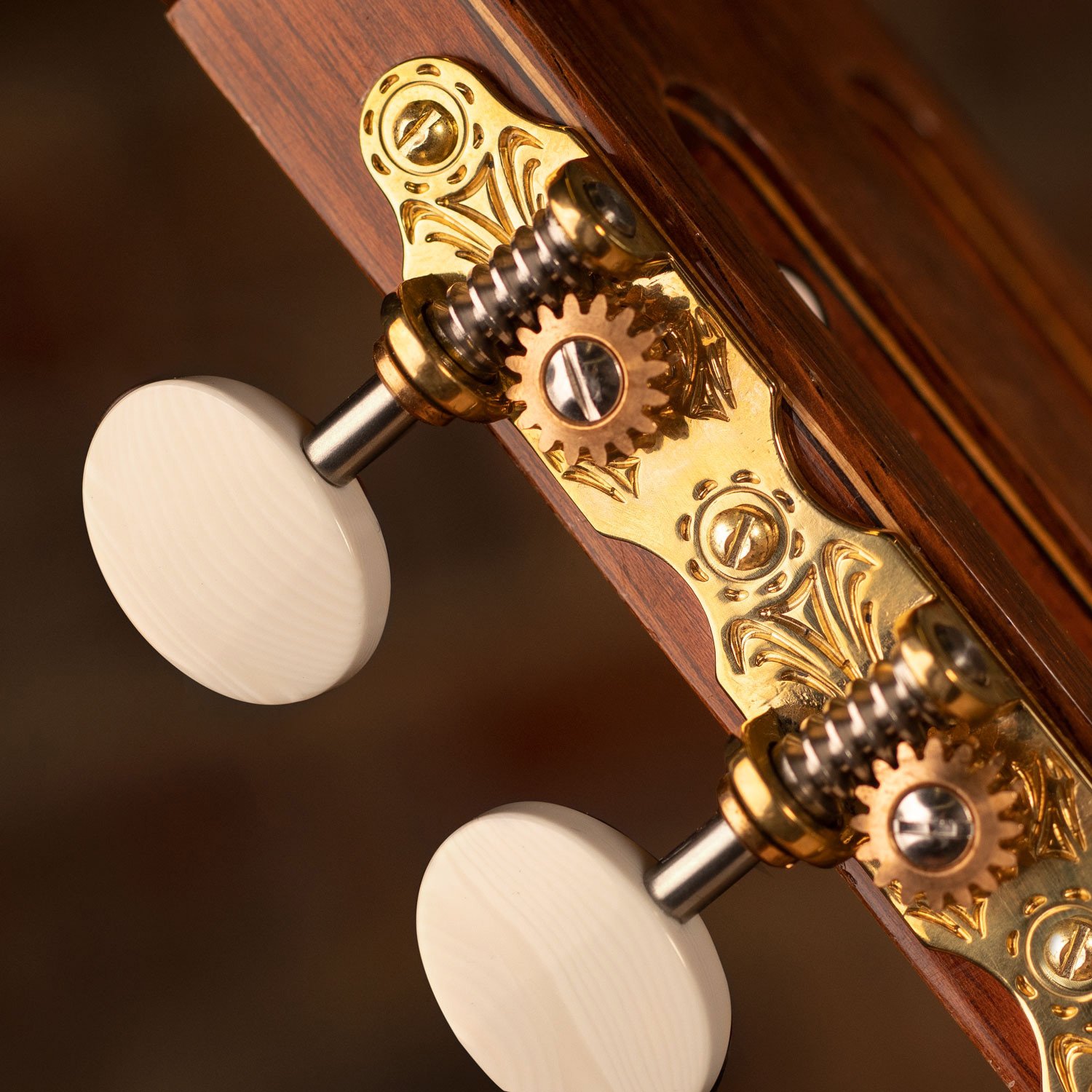 Sloane Classical Guitar Tuners with Ivoroid Knobs and Deco Baseplates,  Bright Brass, White Rollers