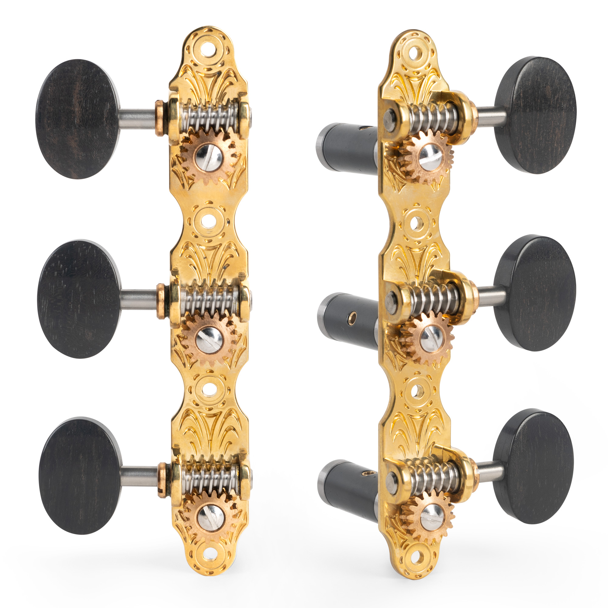 Sloane Classical Guitar Tuners with Ebony Knobs and Deco Baseplates, Bright Brass, Black Rollers Sloane Classical Guitar Tuners with Ebony Knobs and Deco Baseplates, Bright Brass, Black Rollers