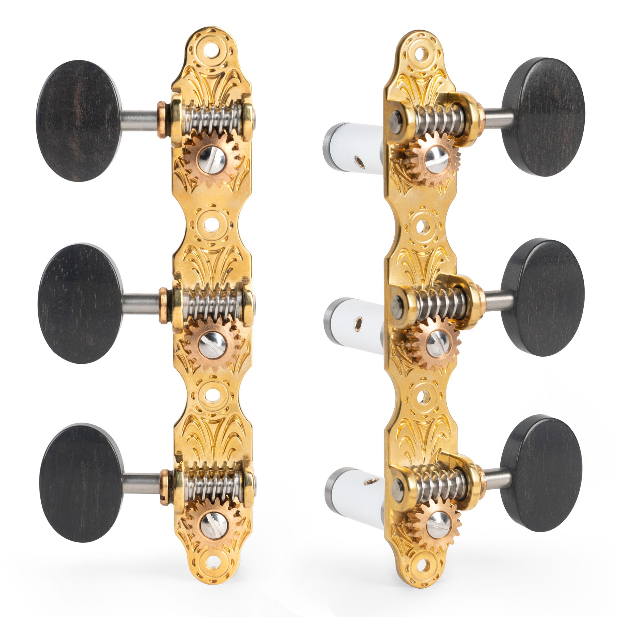 Sloane Classical Guitar Tuners with Ebony Knobs and Deco Baseplates, Bright Brass, White Rollers Sloane Classical Guitar Tuners with Ebony Knobs and Deco Baseplates, Bright Brass, White Rollers