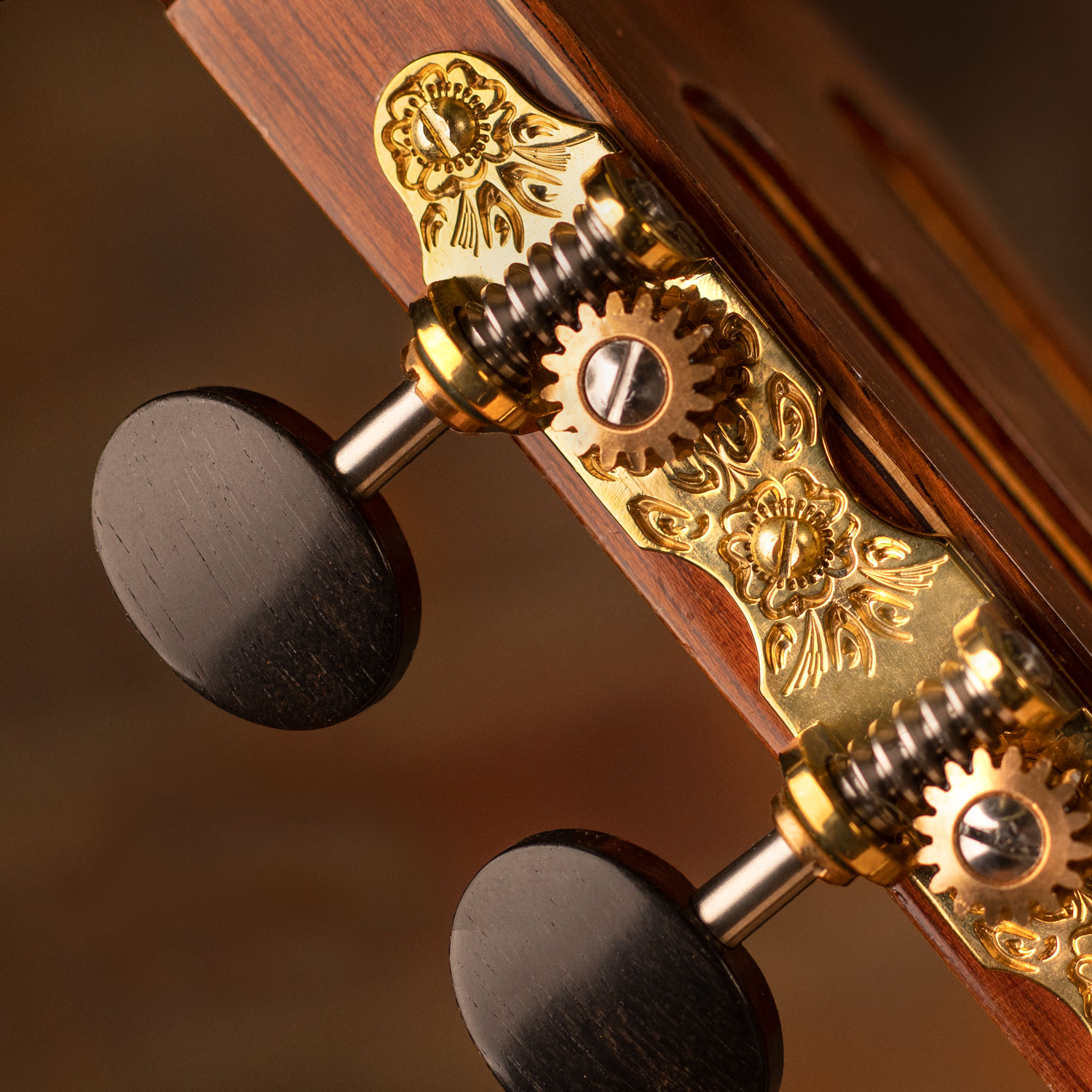 Sloane Classical Guitar Tuners with Ebony Knobs and Flower Baseplates