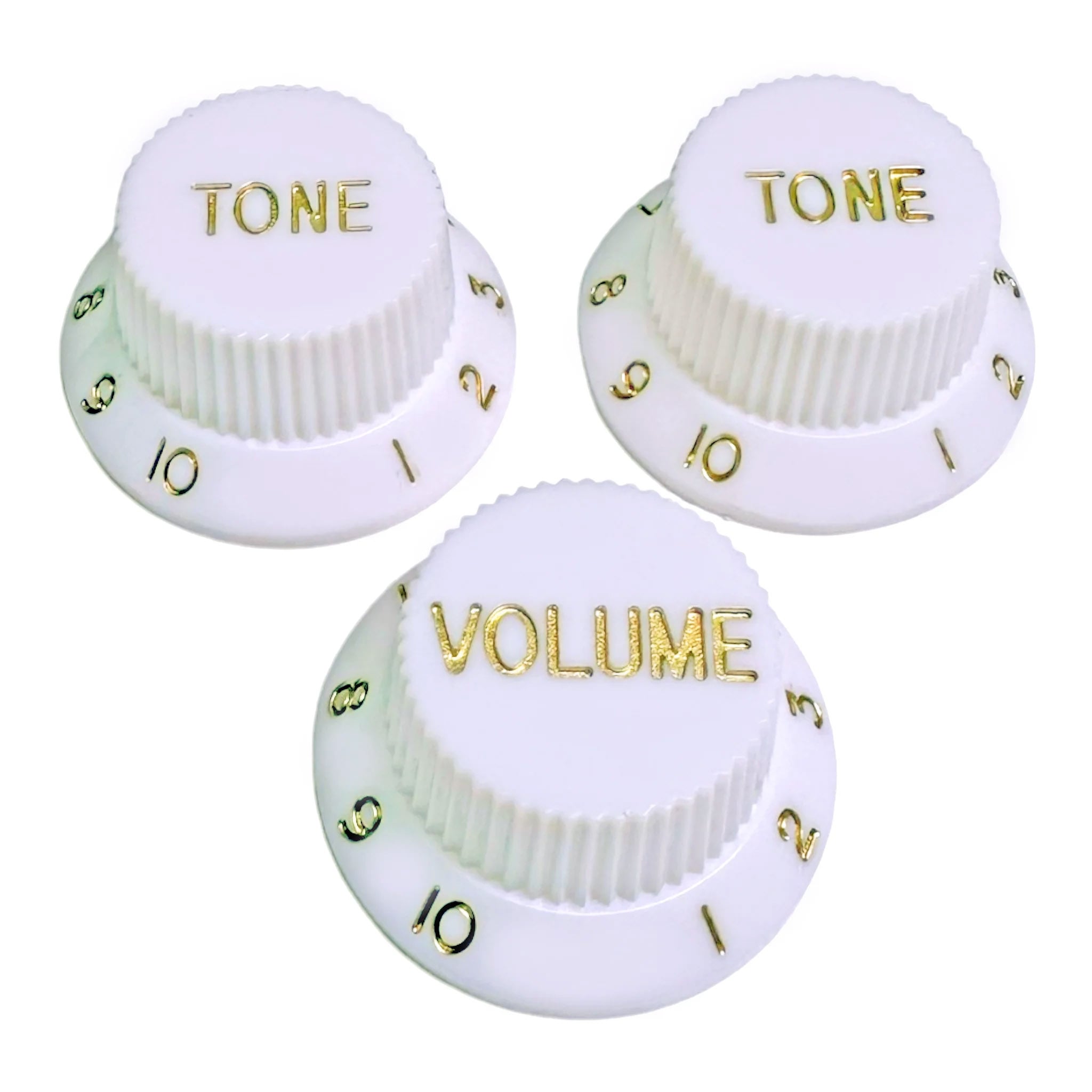StewMac Volume + Tone Knobs for Strat - Set of 3, White with Gold Type