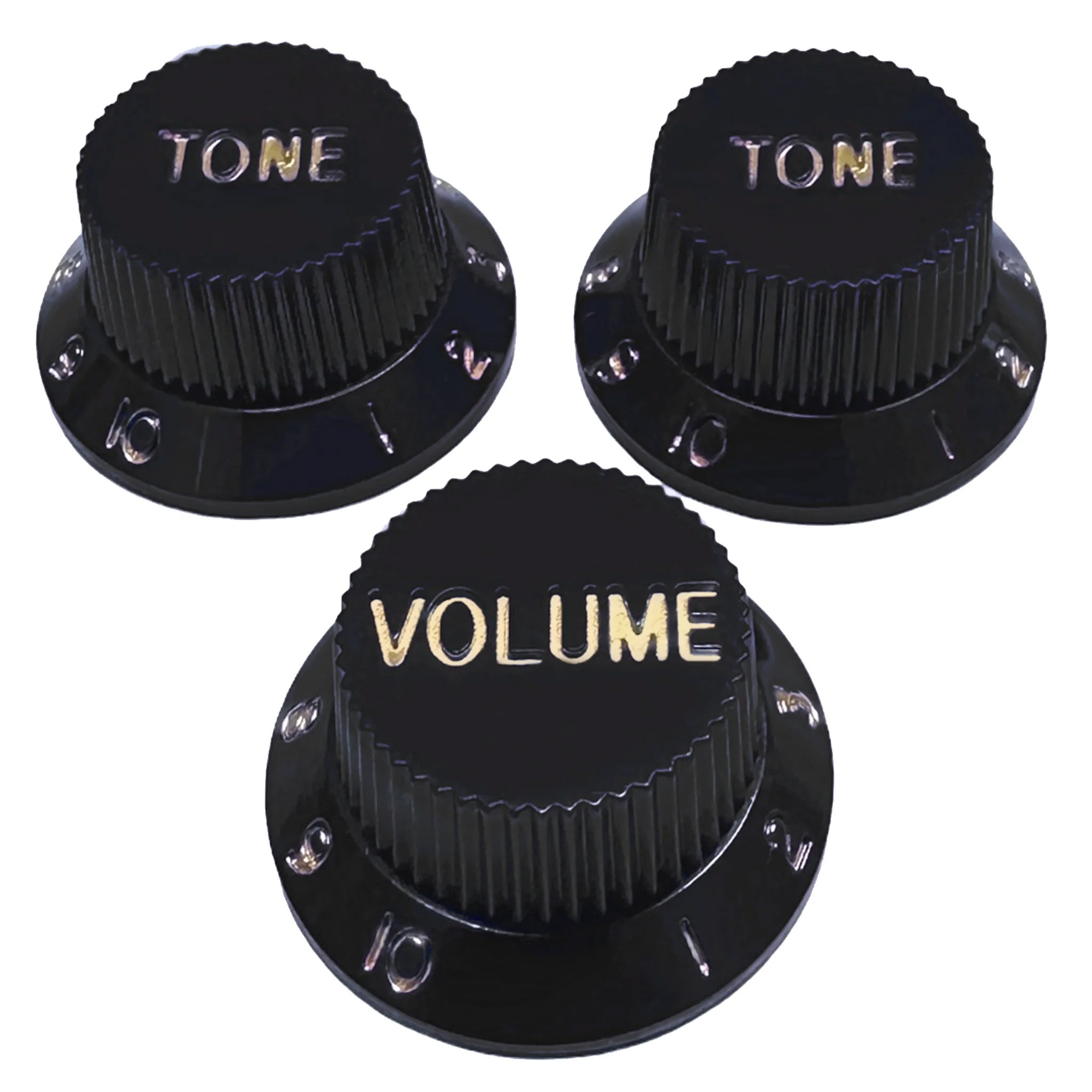 StewMac Volume + Tone Knobs for Strat - Set of 3, Black with Gold Type