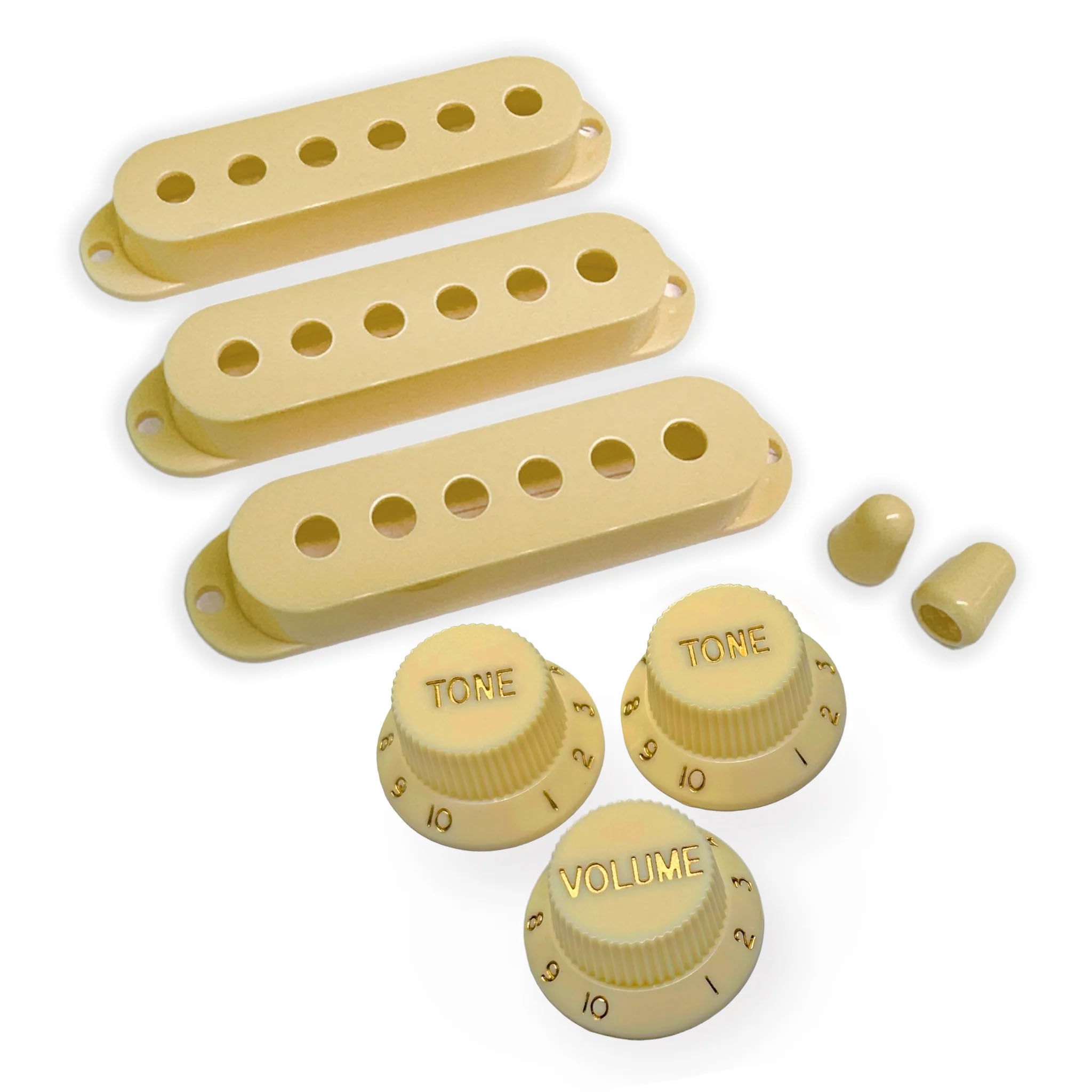  StewMac Knobs + Pickup Cover Set with Modern Spacing, Aged White/Cream with Gold Type