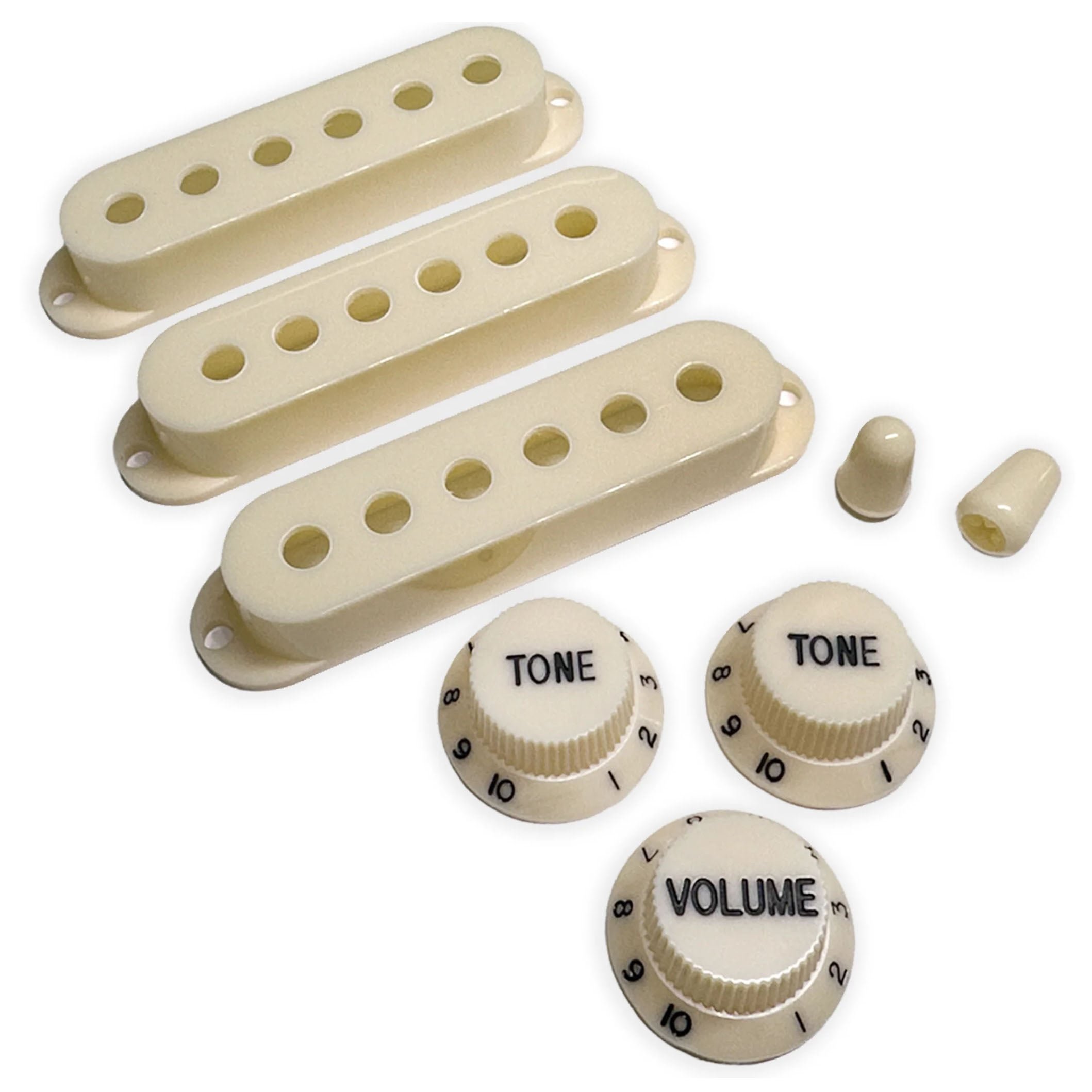  StewMac Knobs + Pickup Cover Set with Modern Spacing, Parchment with Black Type